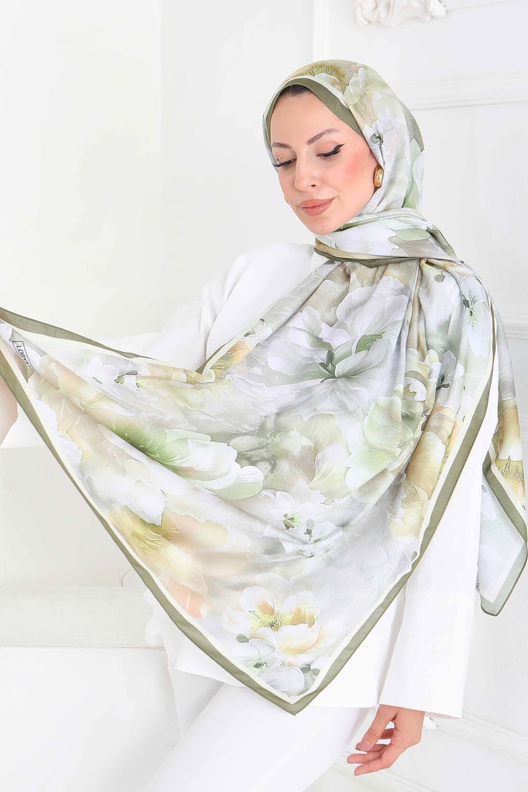 Floral Whisper Serisi Pamuk Şal - 27853-YAG-YESILI - TOFİSA