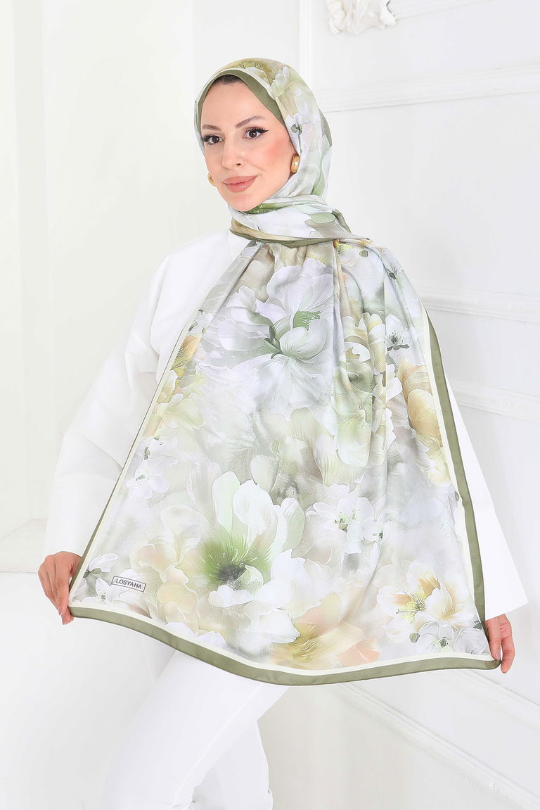 Floral Whisper Serisi Pamuk Şal - 27853-YAG-YESILI - TOFİSA