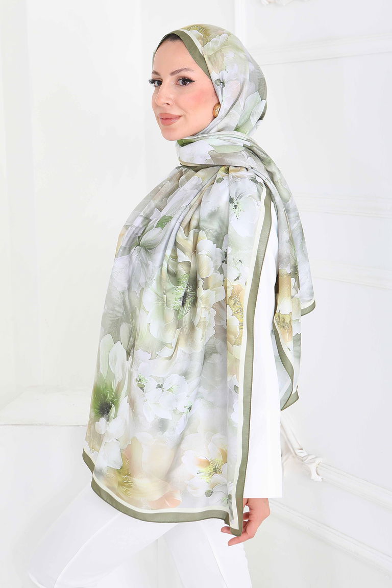 Floral Whisper Serisi Pamuk Şal - 27853-YAG-YESILI - TOFİSA