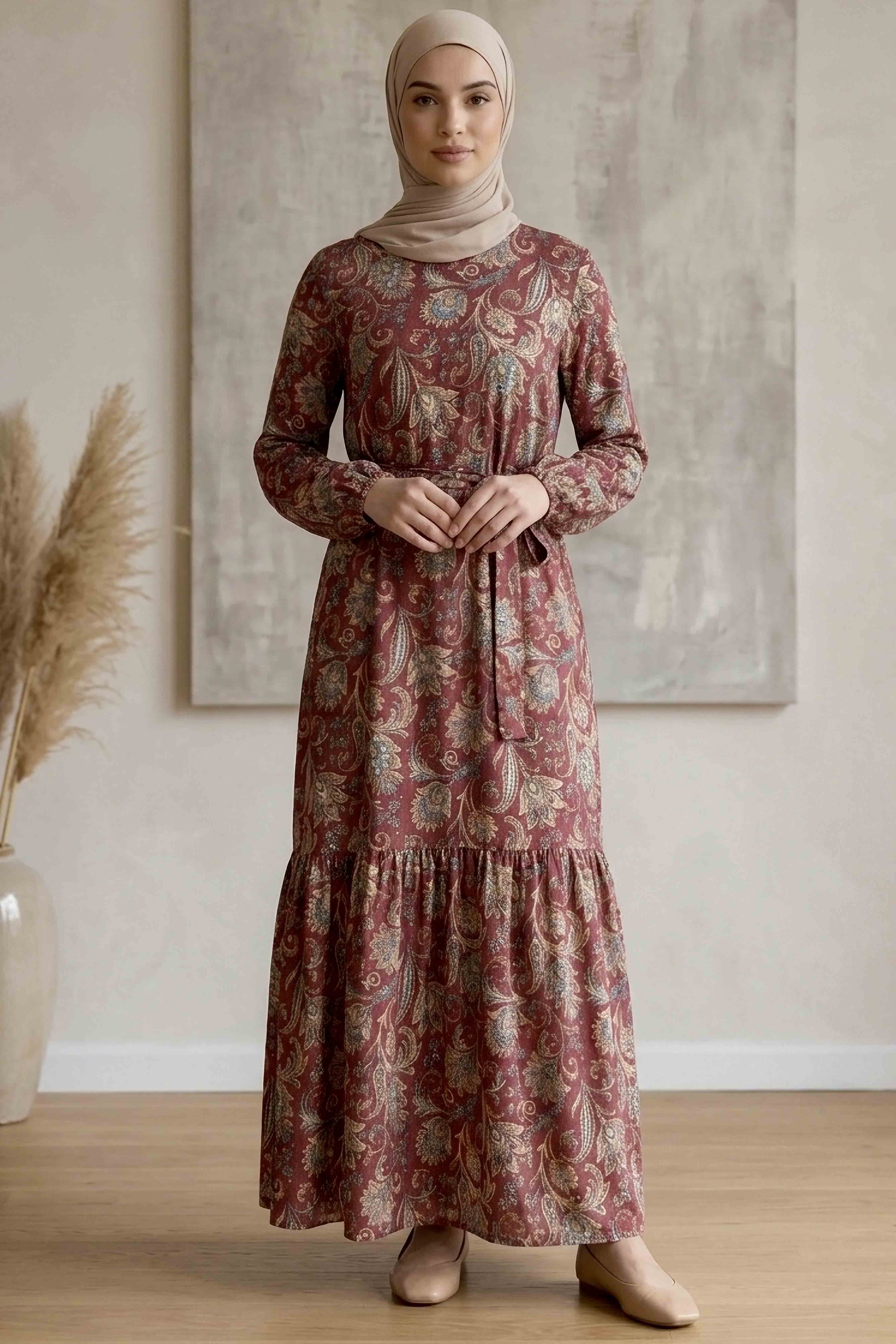 Desenli Kuşaklı Bürümcük Elbise - 2091-BORDO - 1