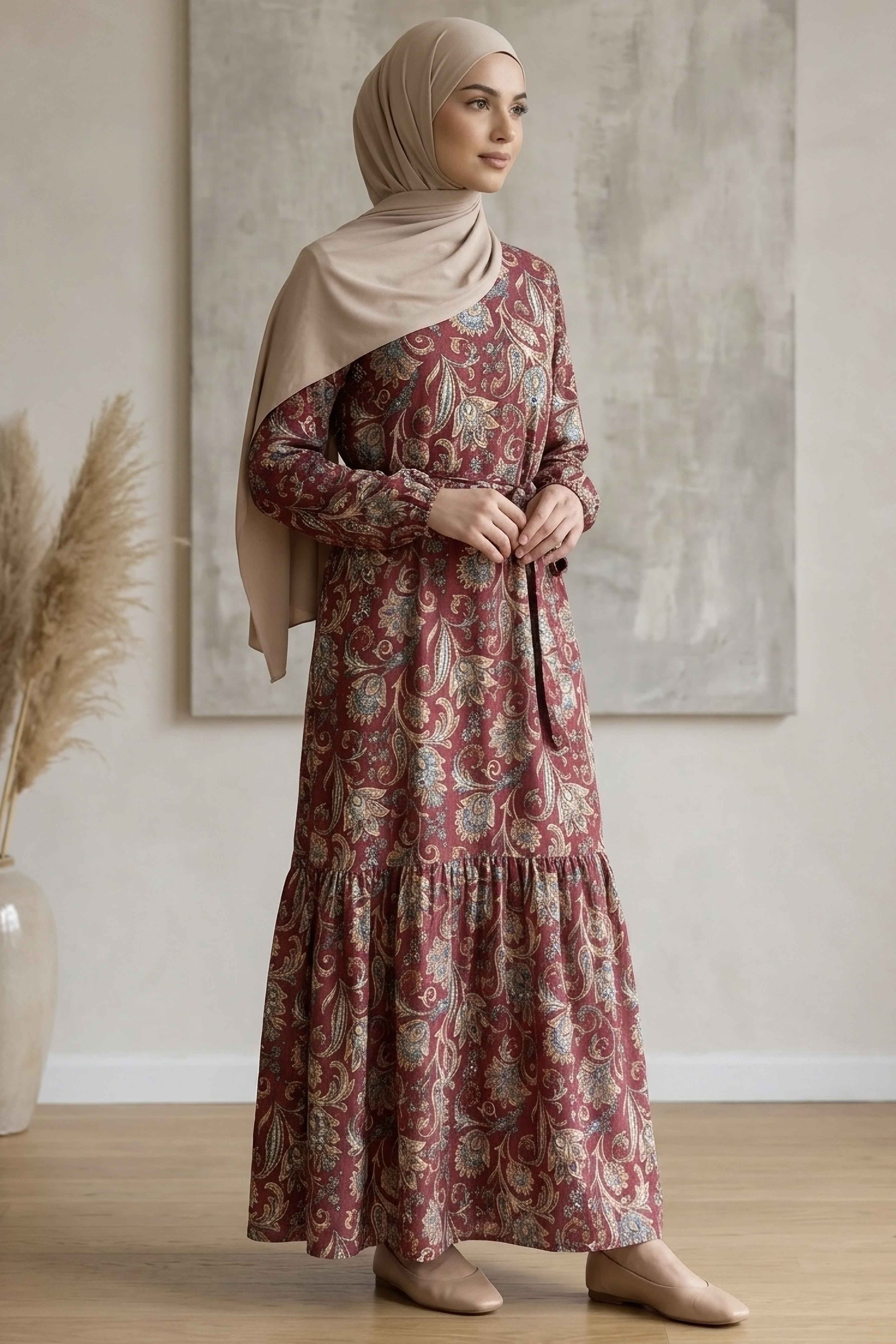 Desenli Kuşaklı Bürümcük Elbise - 2091-BORDO - 2