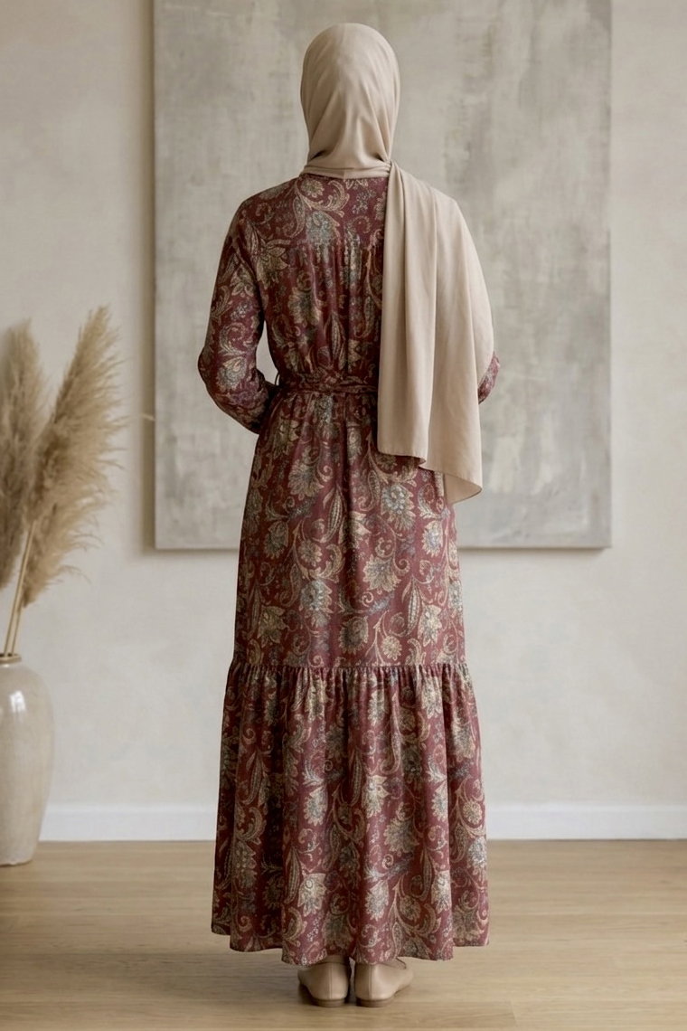 Desenli Kuşaklı Bürümcük Elbise - 2091-BORDO - 3