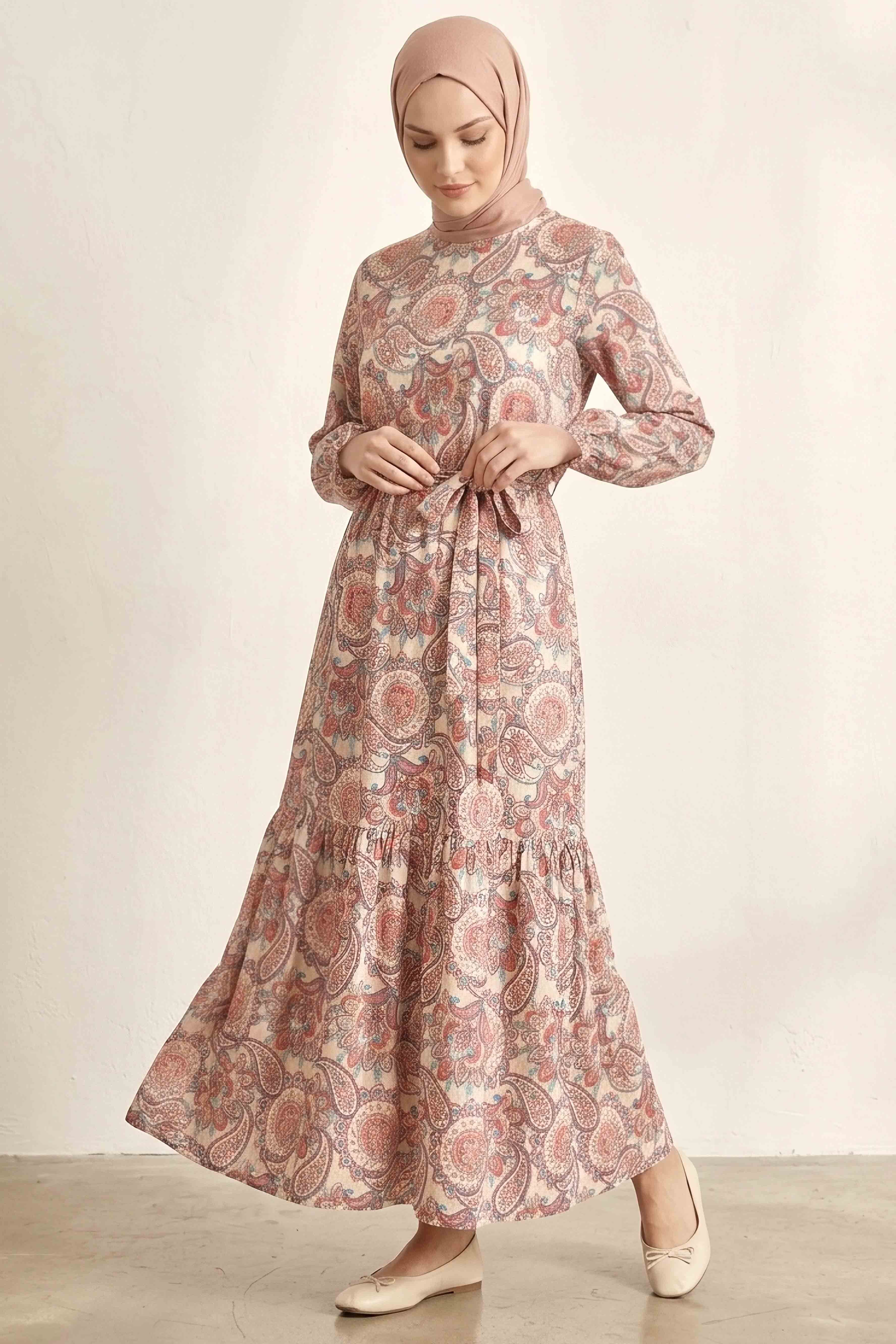 Desenli Kuşaklı Bürümcük Elbise - 2091-FUSYA - 1