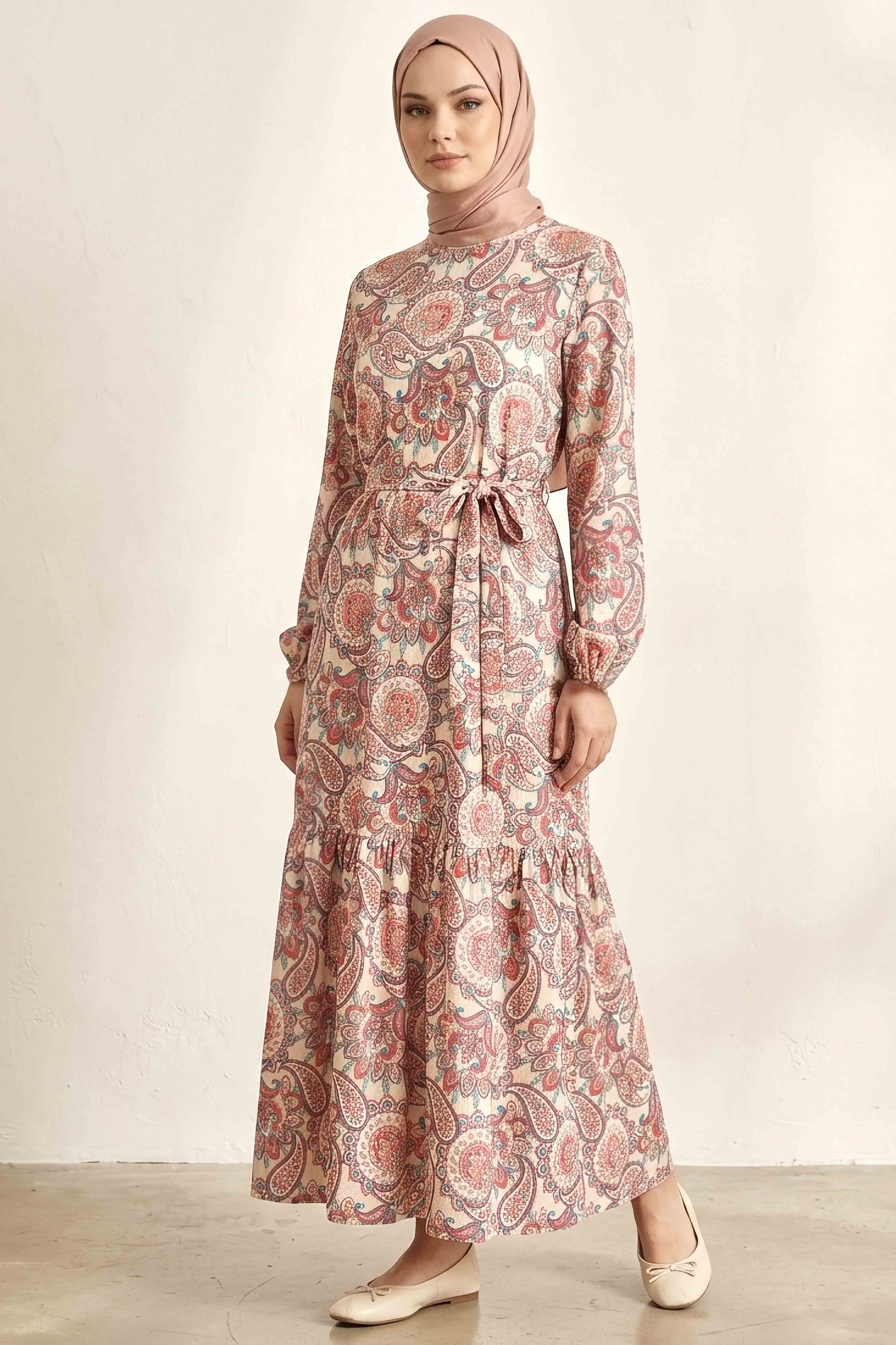 Desenli Kuşaklı Bürümcük Elbise - 2091-FUSYA - 2