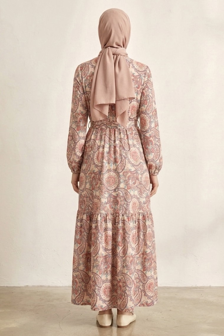 Desenli Kuşaklı Bürümcük Elbise - 2091-FUSYA - 3