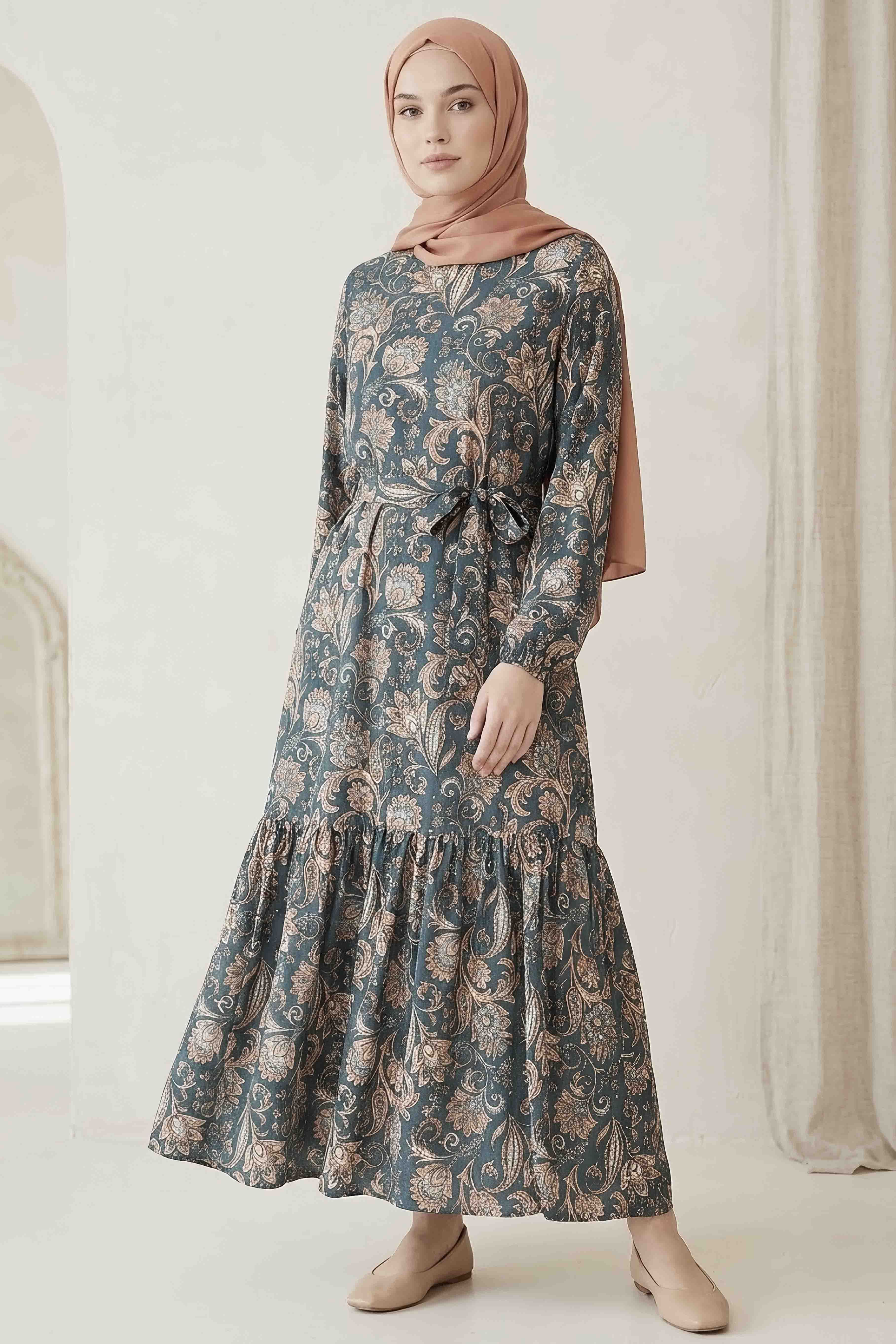 Desenli Kuşaklı Bürümcük Elbise - 2091-LACIVERT - 1