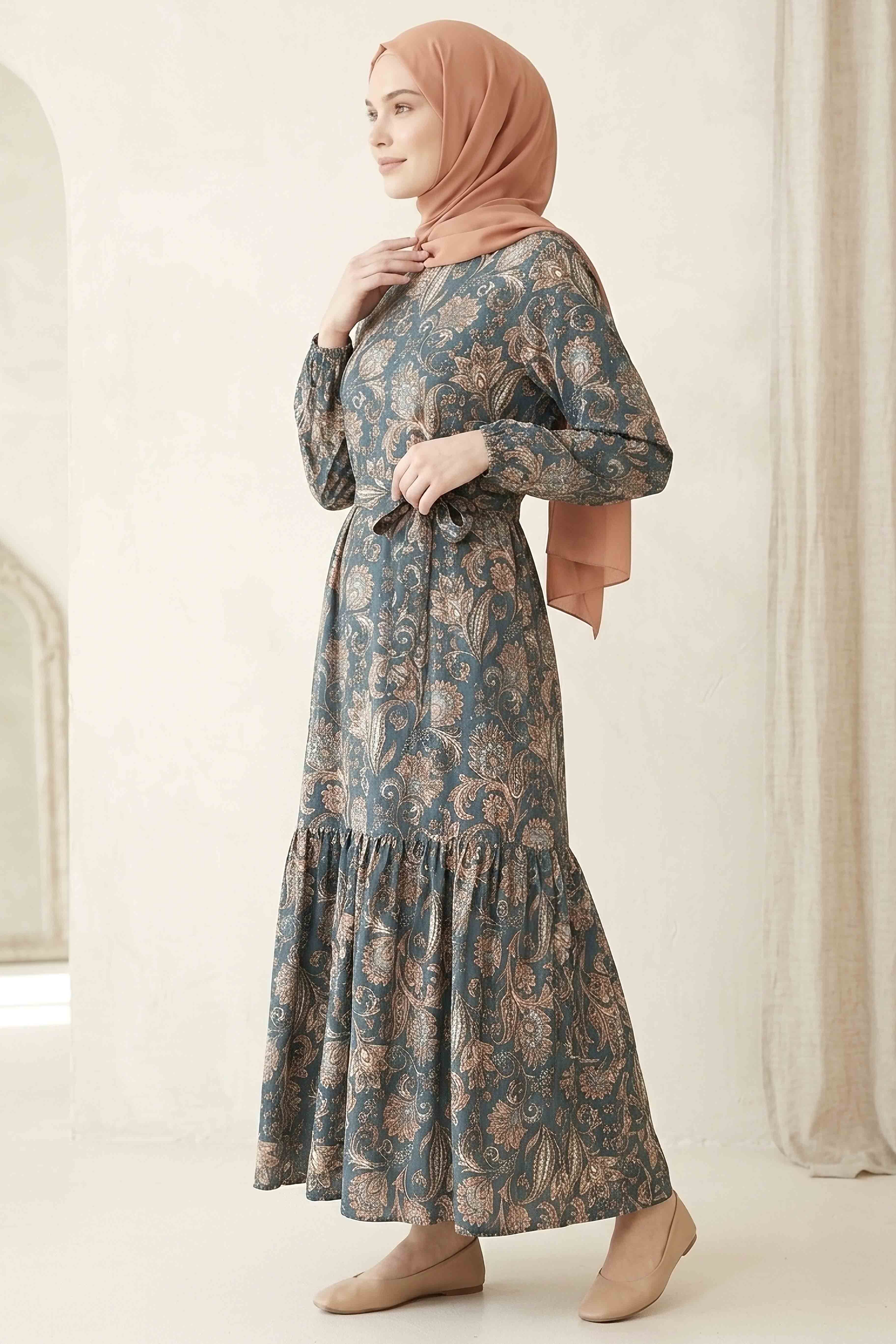 Desenli Kuşaklı Bürümcük Elbise - 2091-LACIVERT - 2