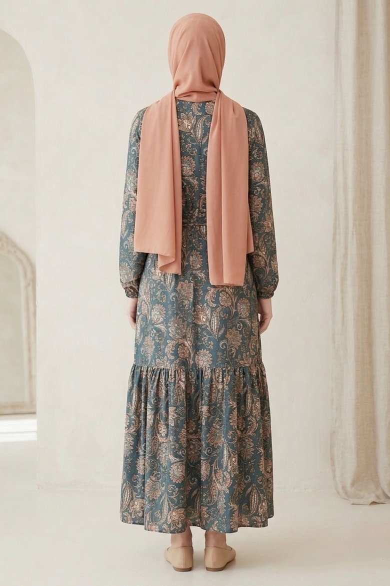 Desenli Kuşaklı Bürümcük Elbise - 2091-LACIVERT - 3