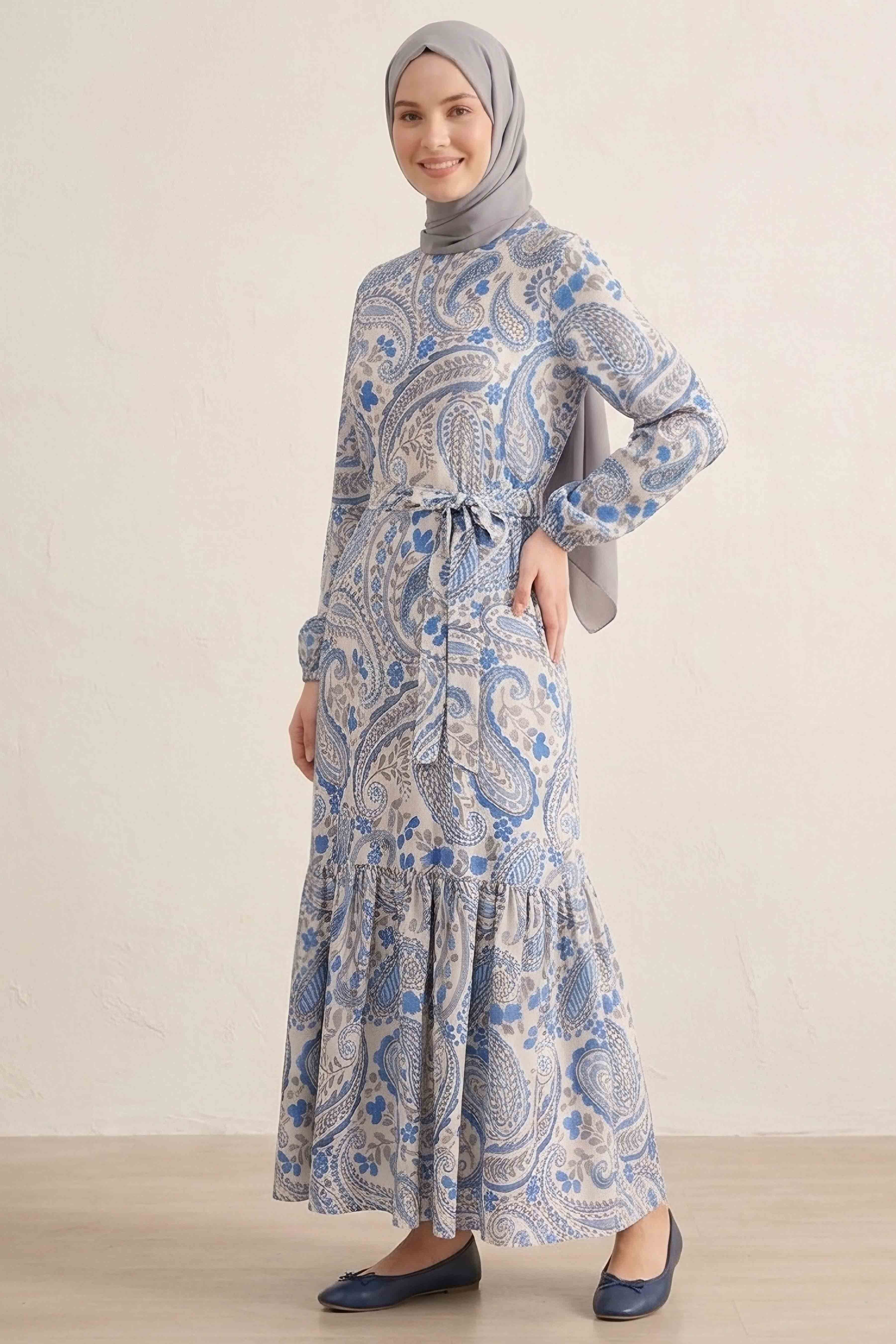 Desenli Kuşaklı Bürümcük Elbise - 2091-MAVI - 1