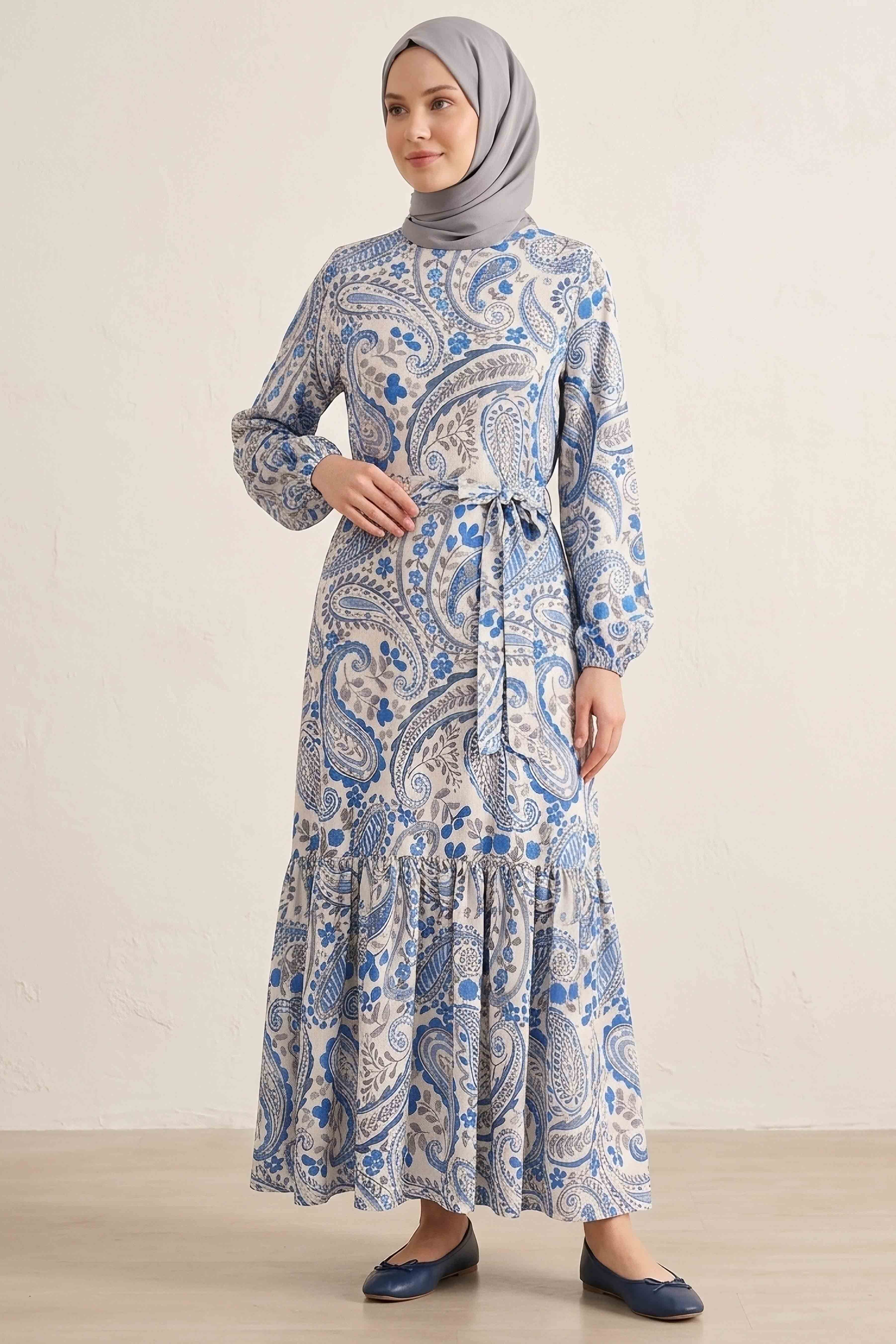 Desenli Kuşaklı Bürümcük Elbise - 2091-MAVI - 2