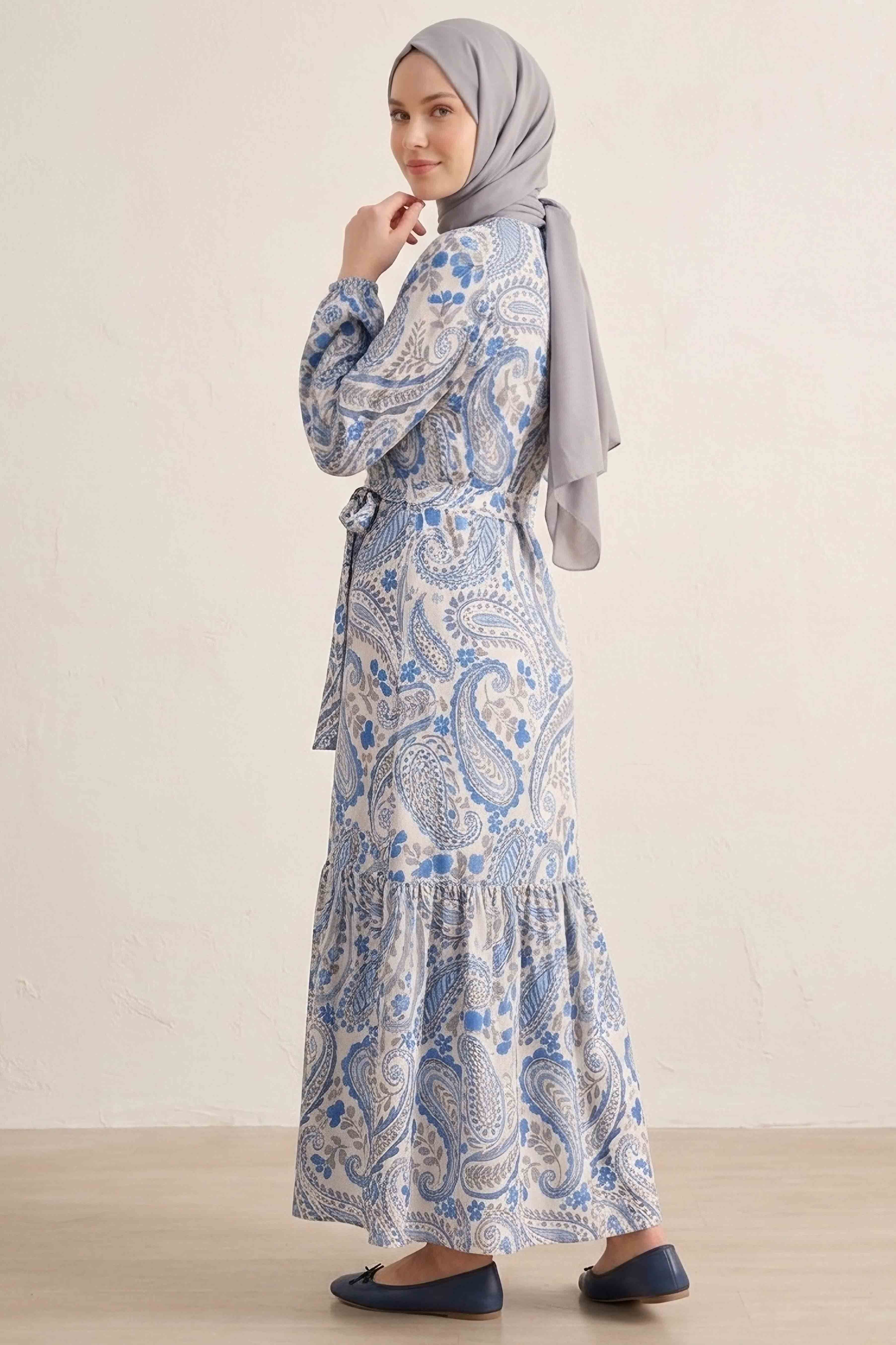 Desenli Kuşaklı Bürümcük Elbise - 2091-MAVI - 3