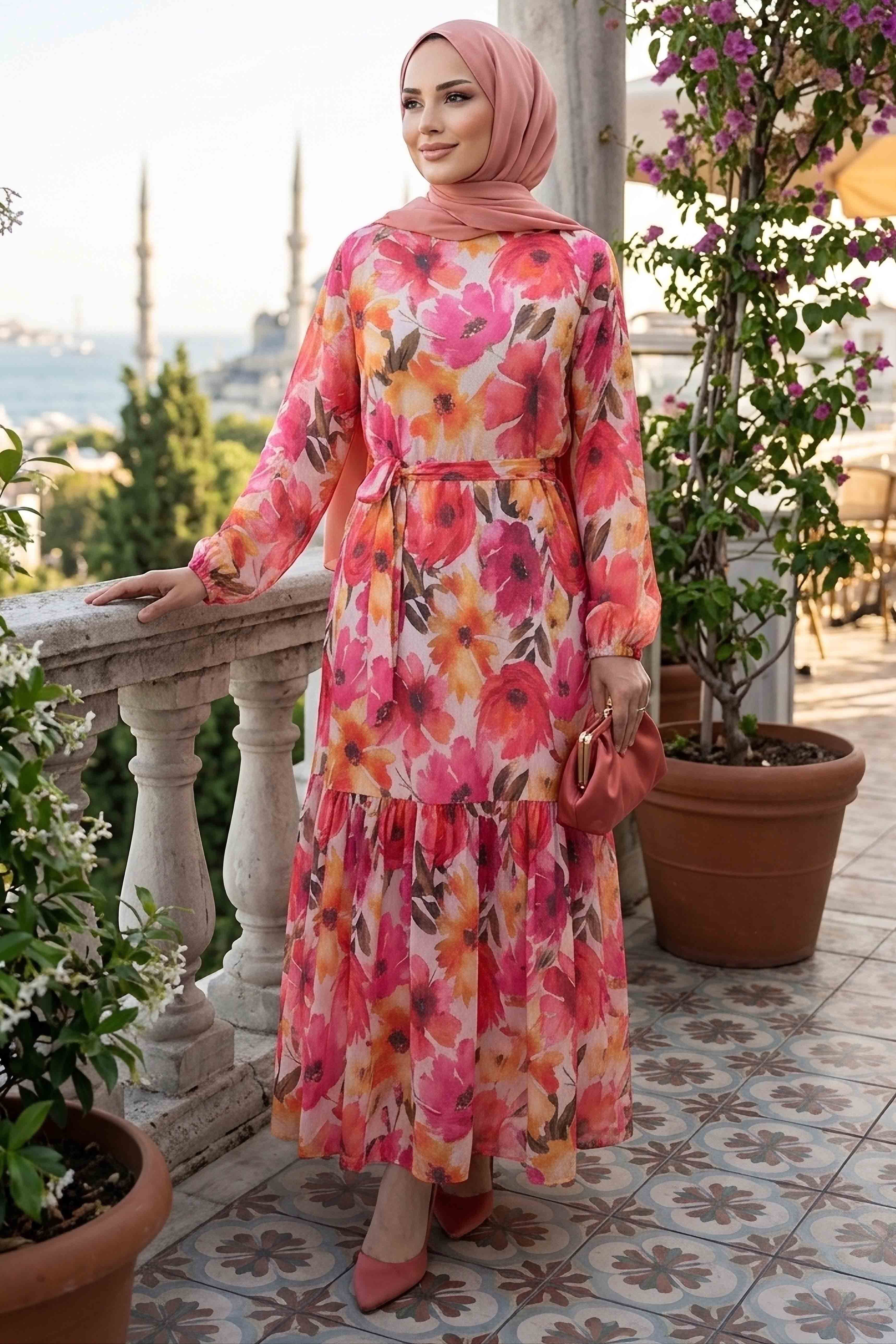 Desenli Kuşaklı Bürümcük Elbise - 2091-ORANJ - 1