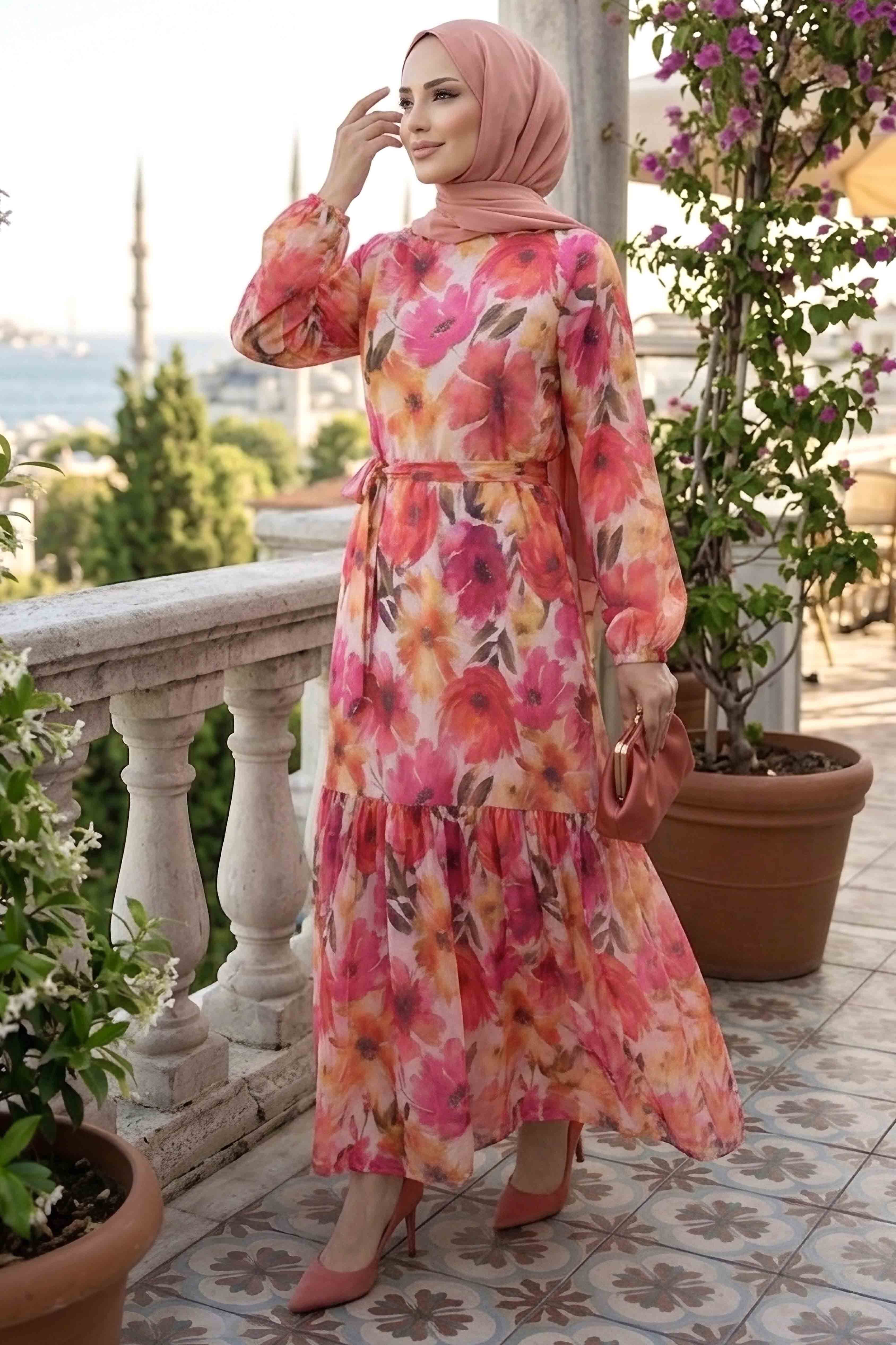 Desenli Kuşaklı Bürümcük Elbise - 2091-ORANJ - 2