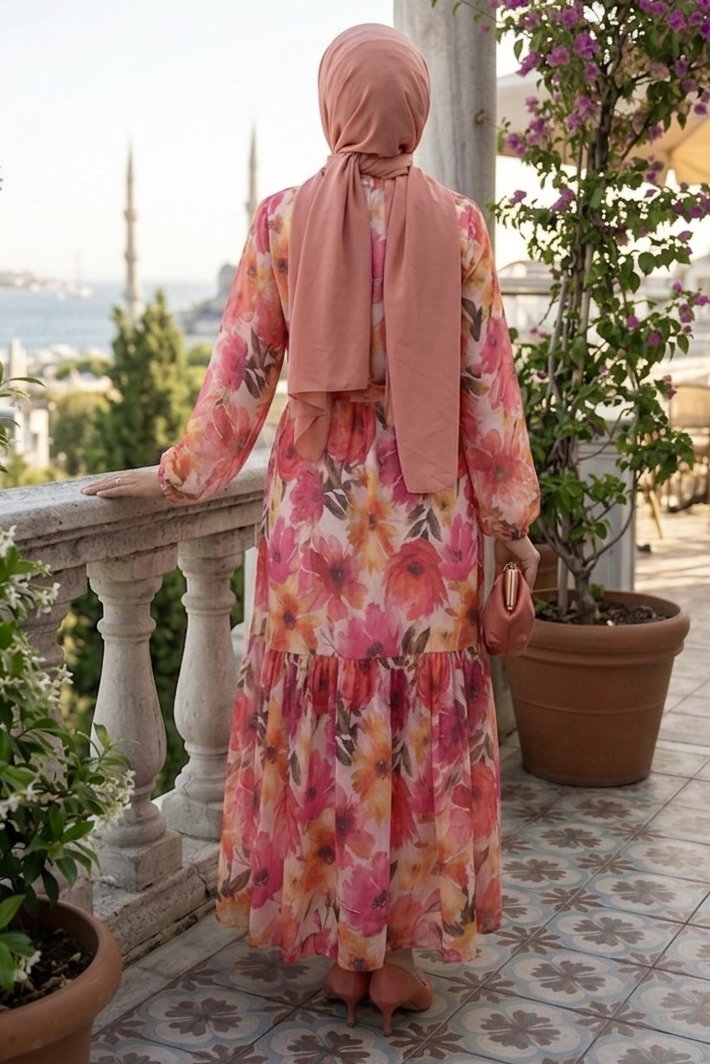 Desenli Kuşaklı Bürümcük Elbise - 2091-ORANJ - 3