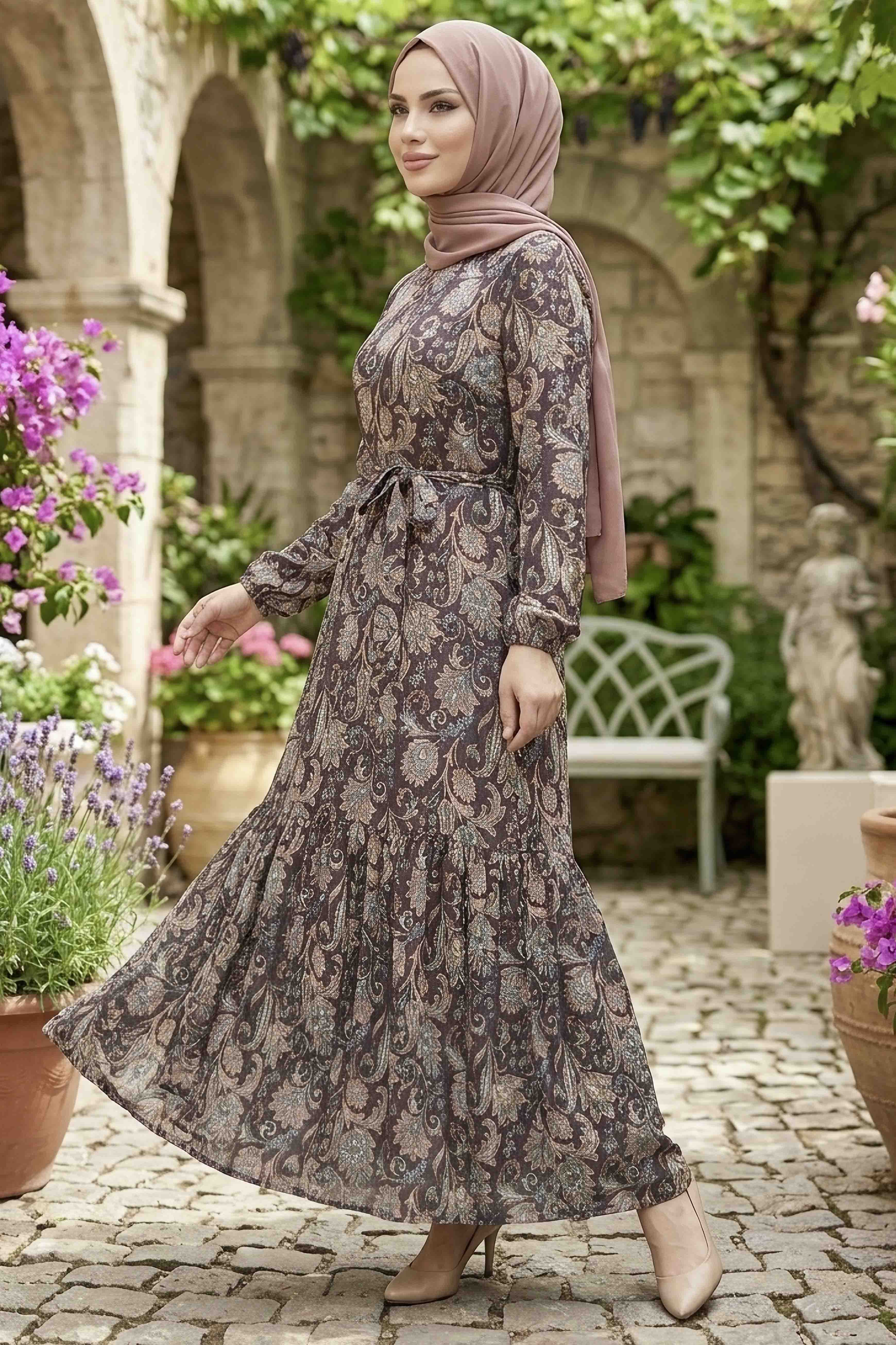 Desenli Kuşaklı Bürümcük Elbise - 2091-SIYAH - 1