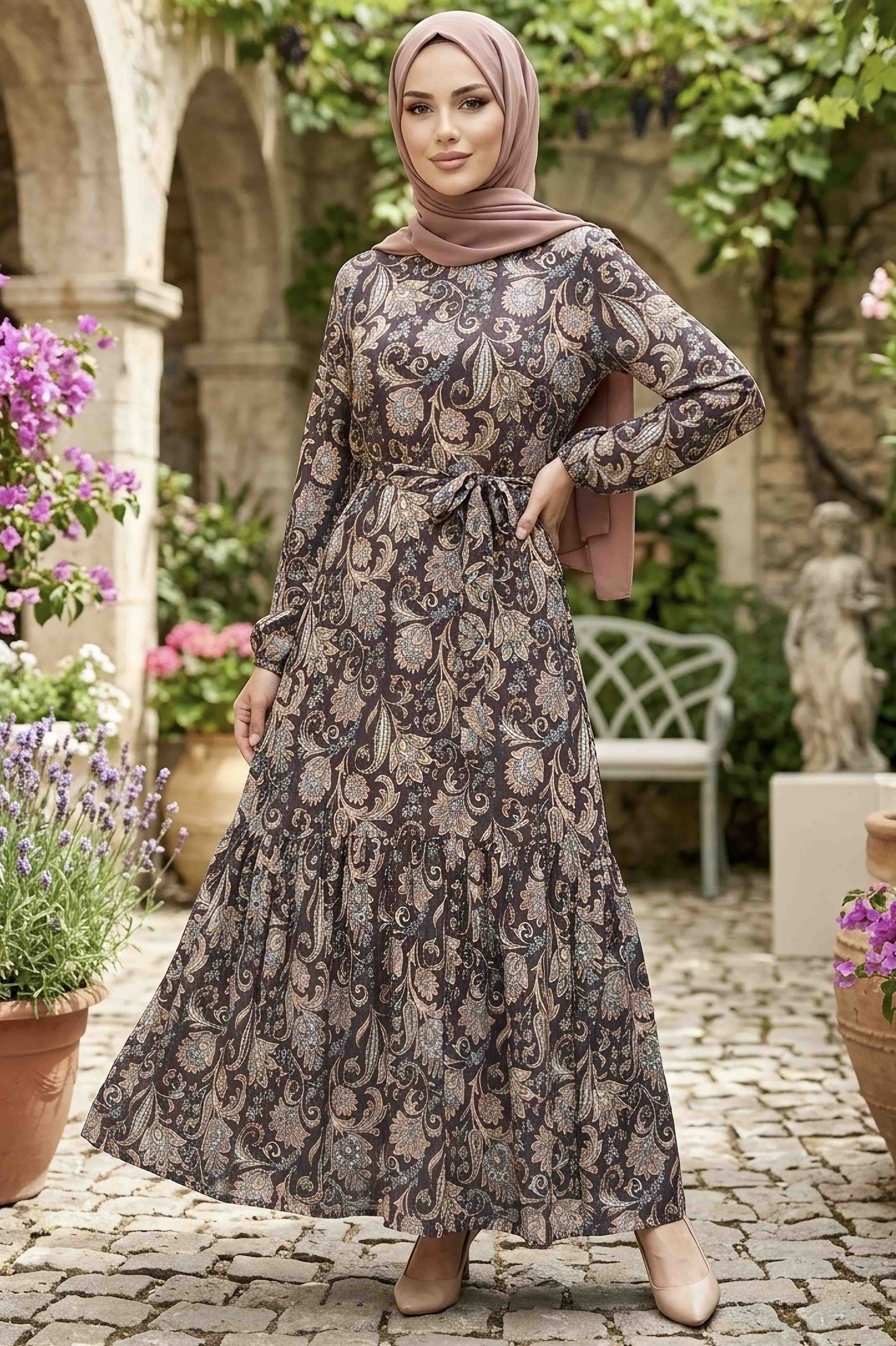 Desenli Kuşaklı Bürümcük Elbise - 2091-SIYAH - 2