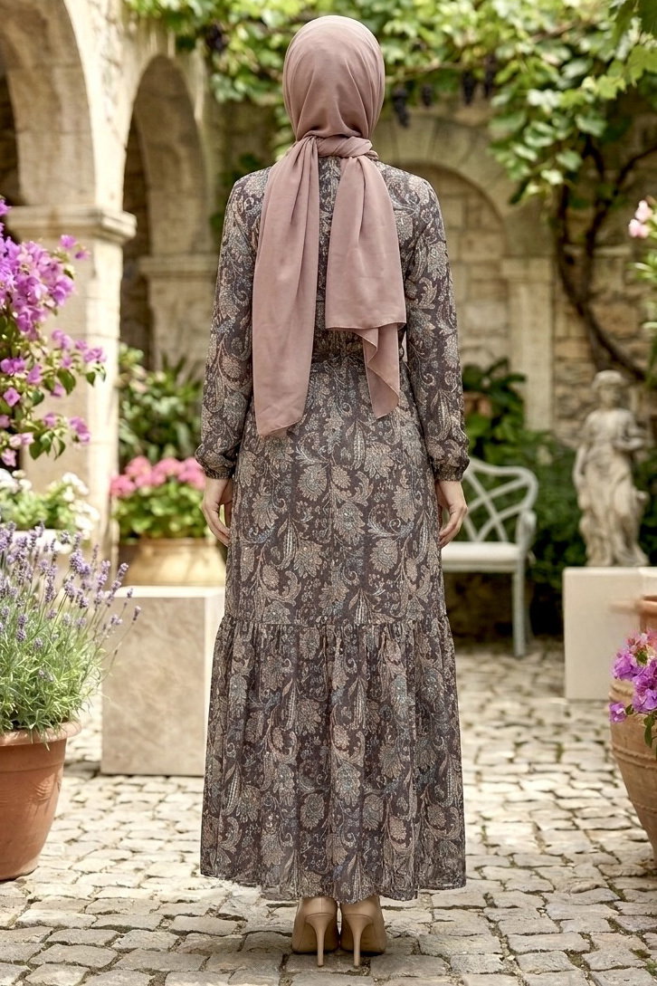 Desenli Kuşaklı Bürümcük Elbise - 2091-SIYAH - 3