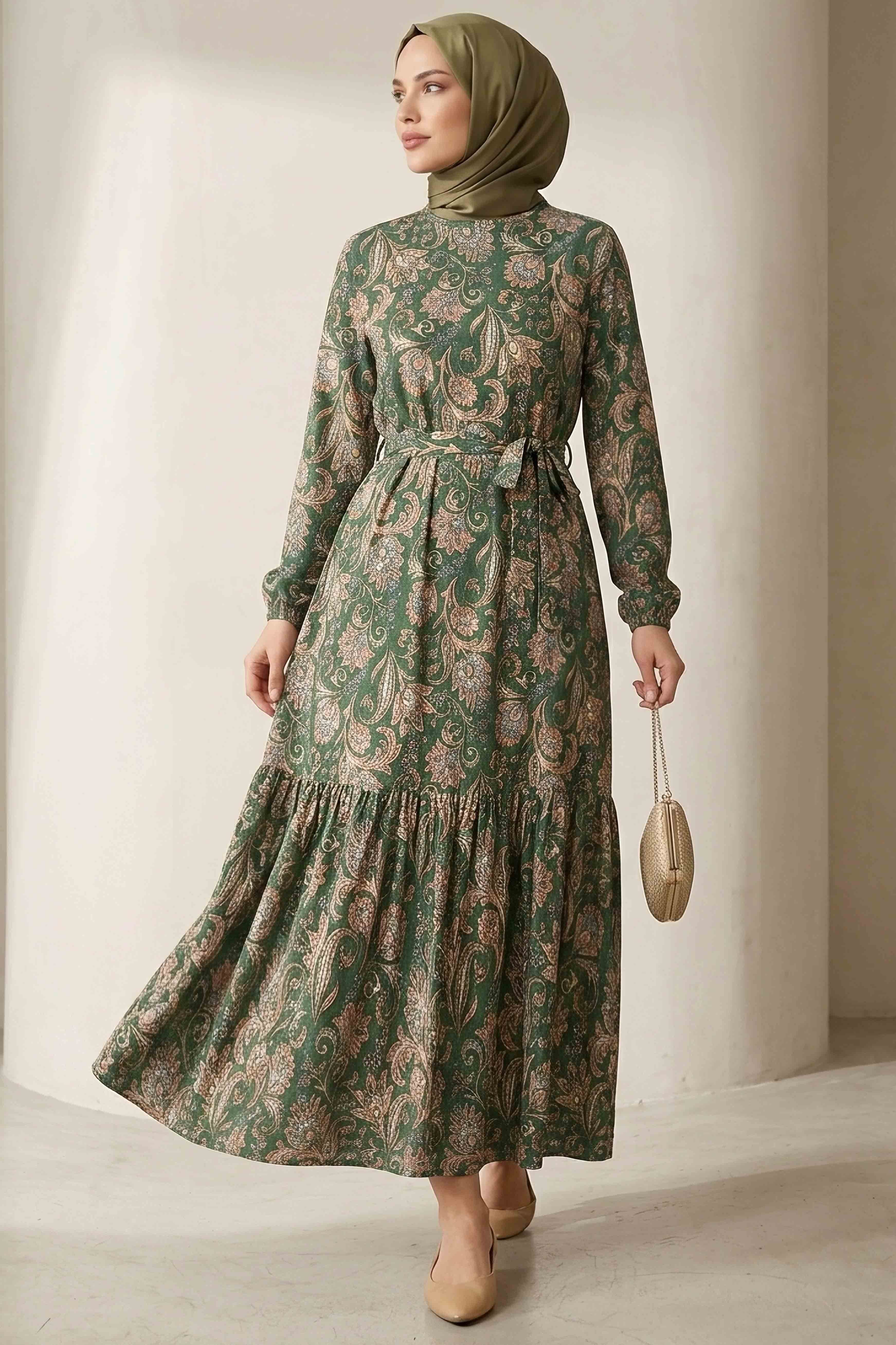 Desenli Kuşaklı Bürümcük Elbise - 2091-ZUMRUT - 1