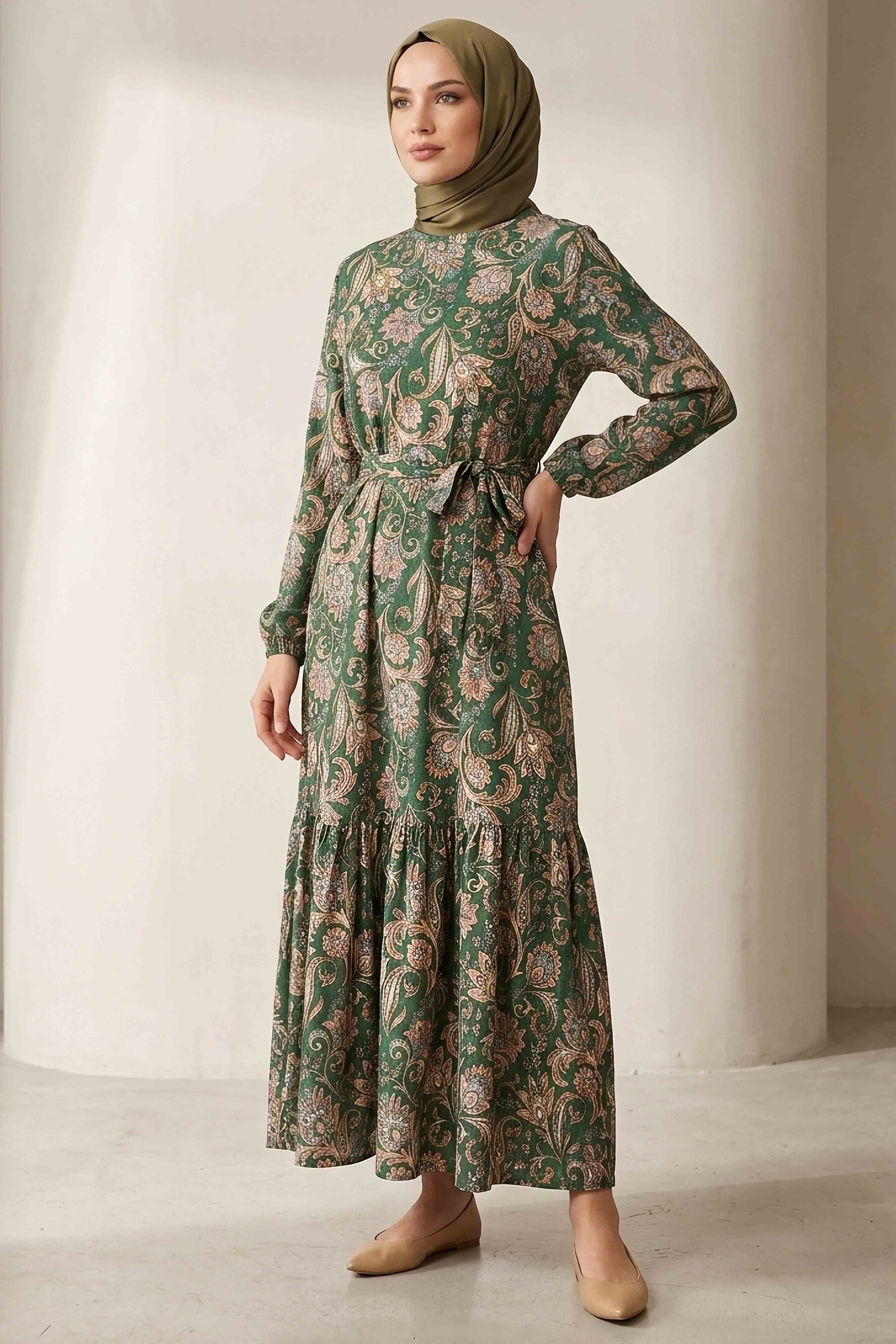 Desenli Kuşaklı Bürümcük Elbise - 2091-ZUMRUT - 2