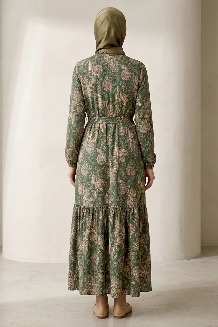 Desenli Kuşaklı Bürümcük Elbise - 2091-ZUMRUT - 3