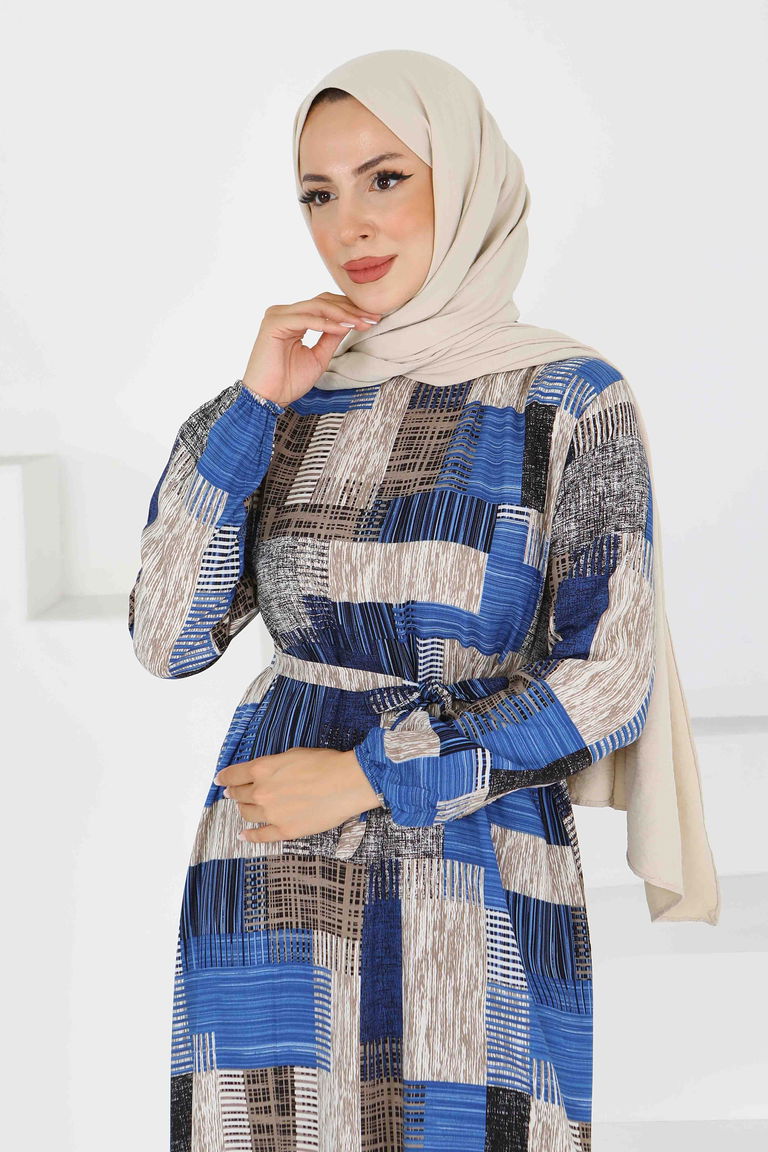 Desenli Kuşaklı Elbise - 27518 - TOFİSA