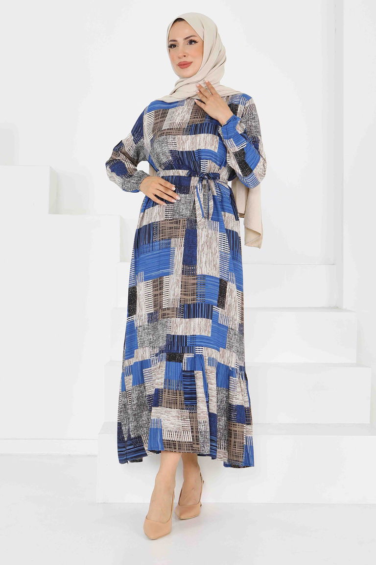 Desenli Kuşaklı Elbise - 27518 - TOFİSA