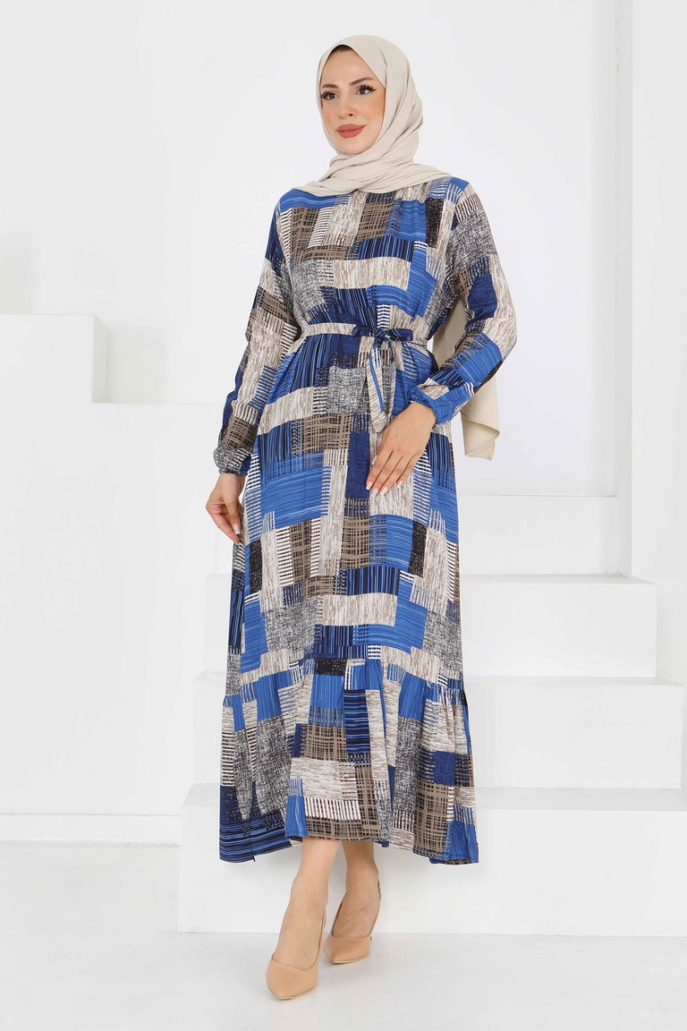 Desenli Kuşaklı Elbise - 27518 - TOFİSA