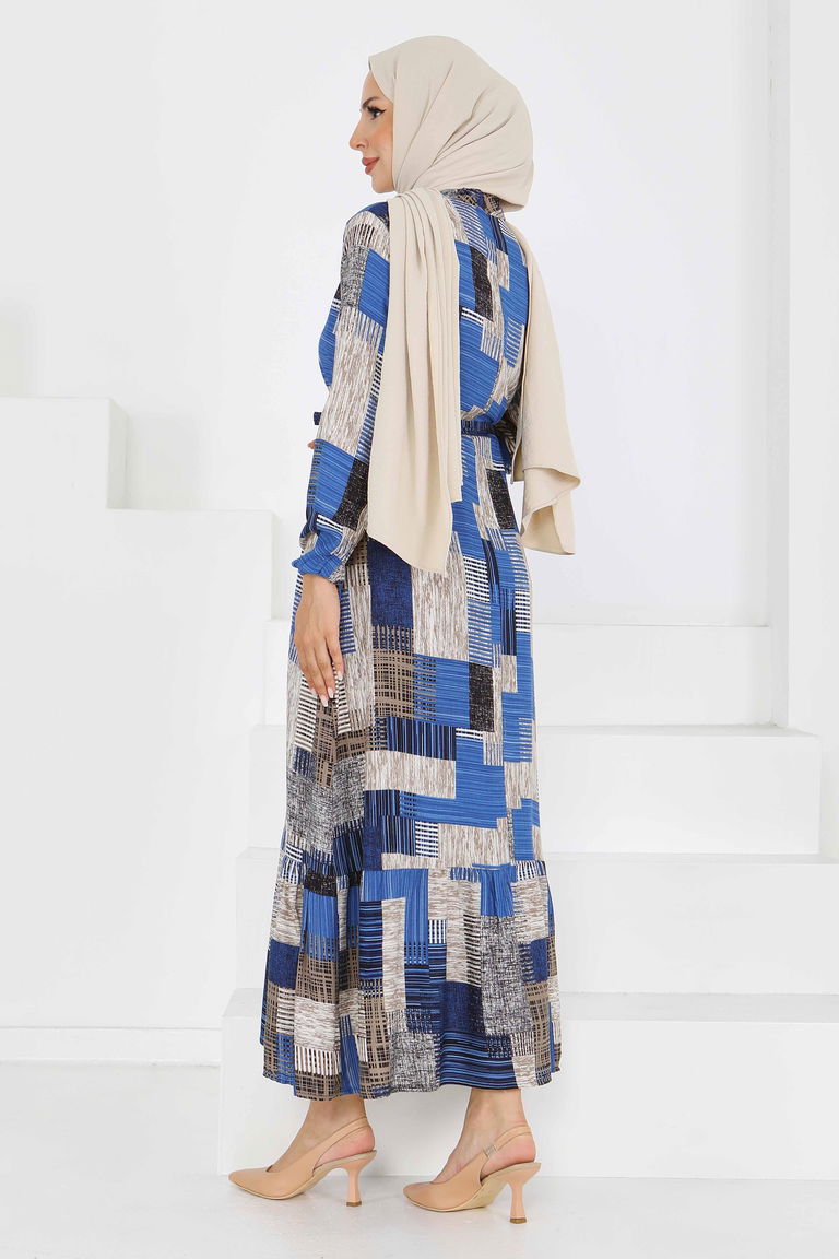 Desenli Kuşaklı Elbise - 27518 - TOFİSA