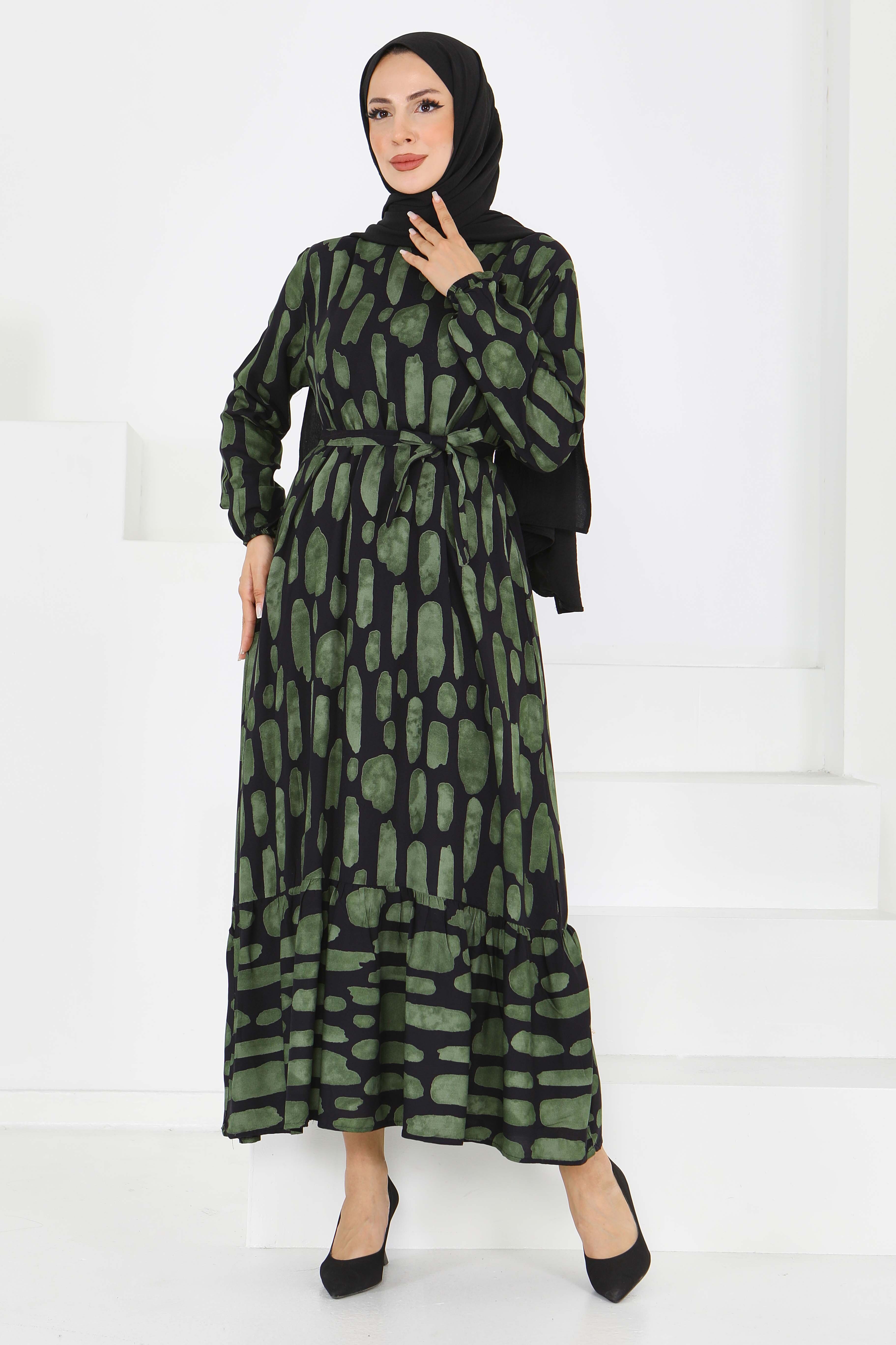 Desenli Kuşaklı Elbise - 27519 - 1