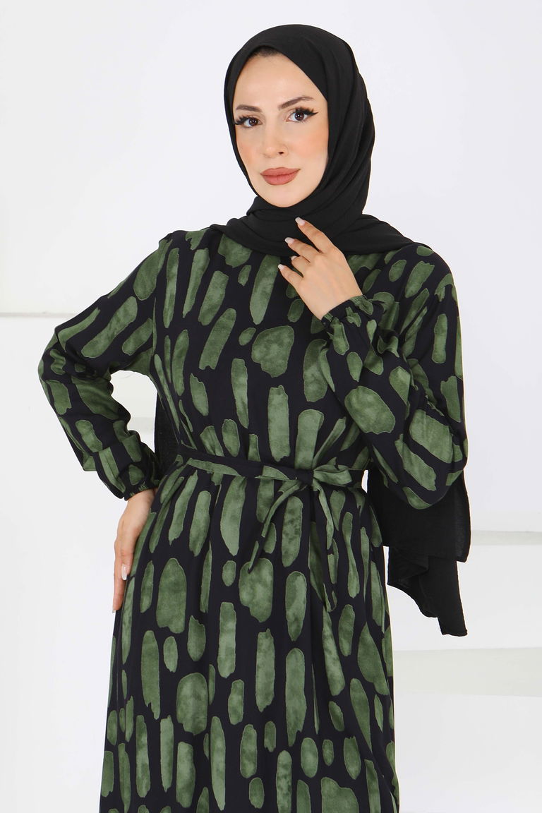 Desenli Kuşaklı Elbise - 27519 - TOFİSA