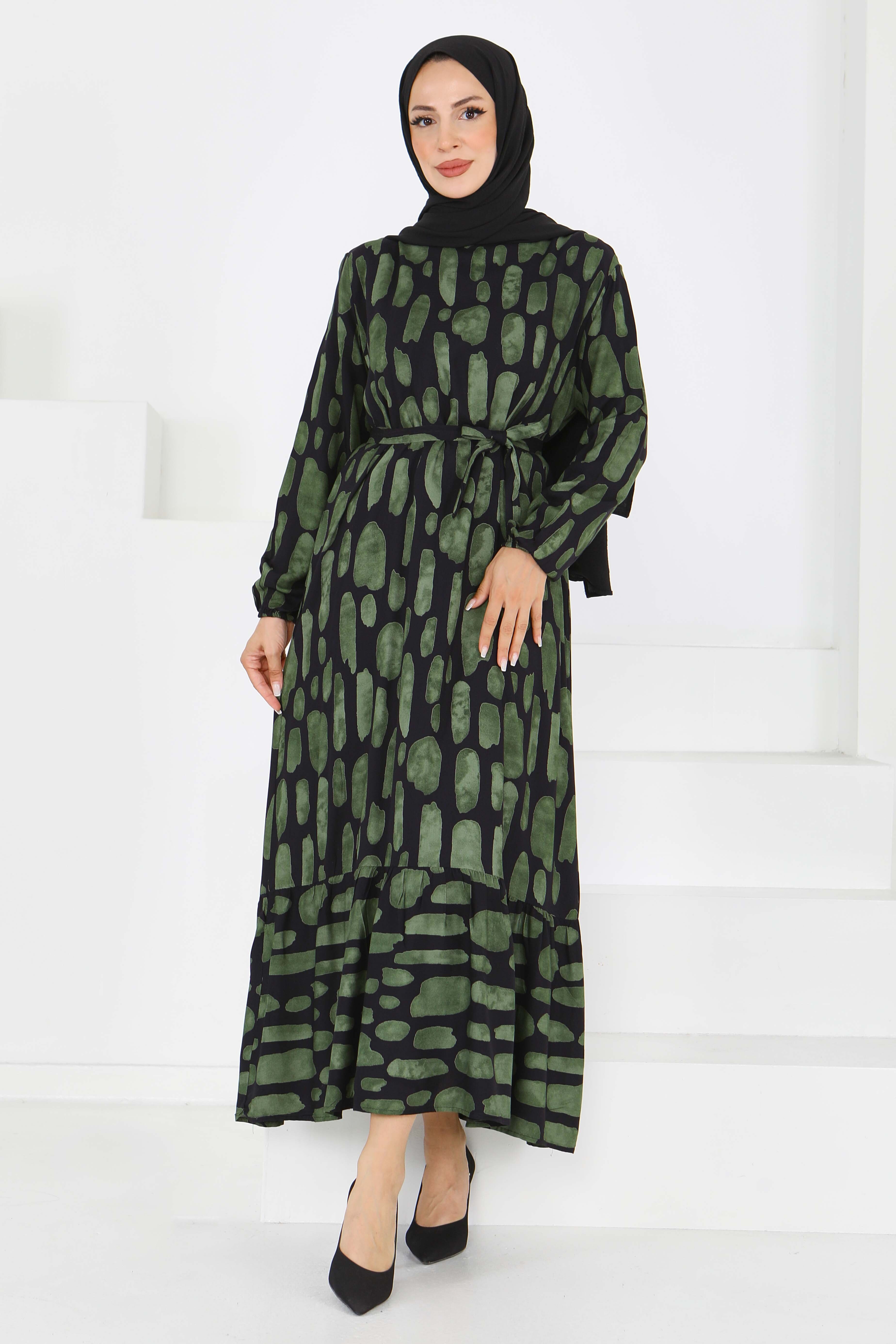 Desenli Kuşaklı Elbise - 27519 - 3