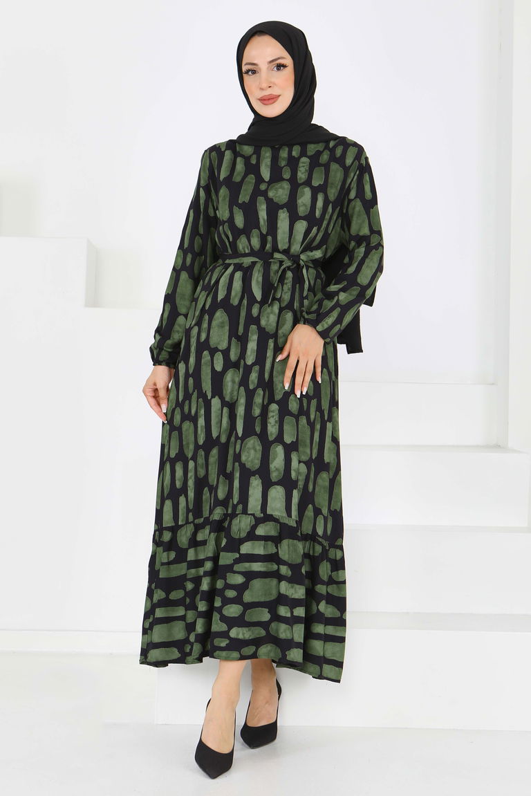 Desenli Kuşaklı Elbise - 27519 - TOFİSA