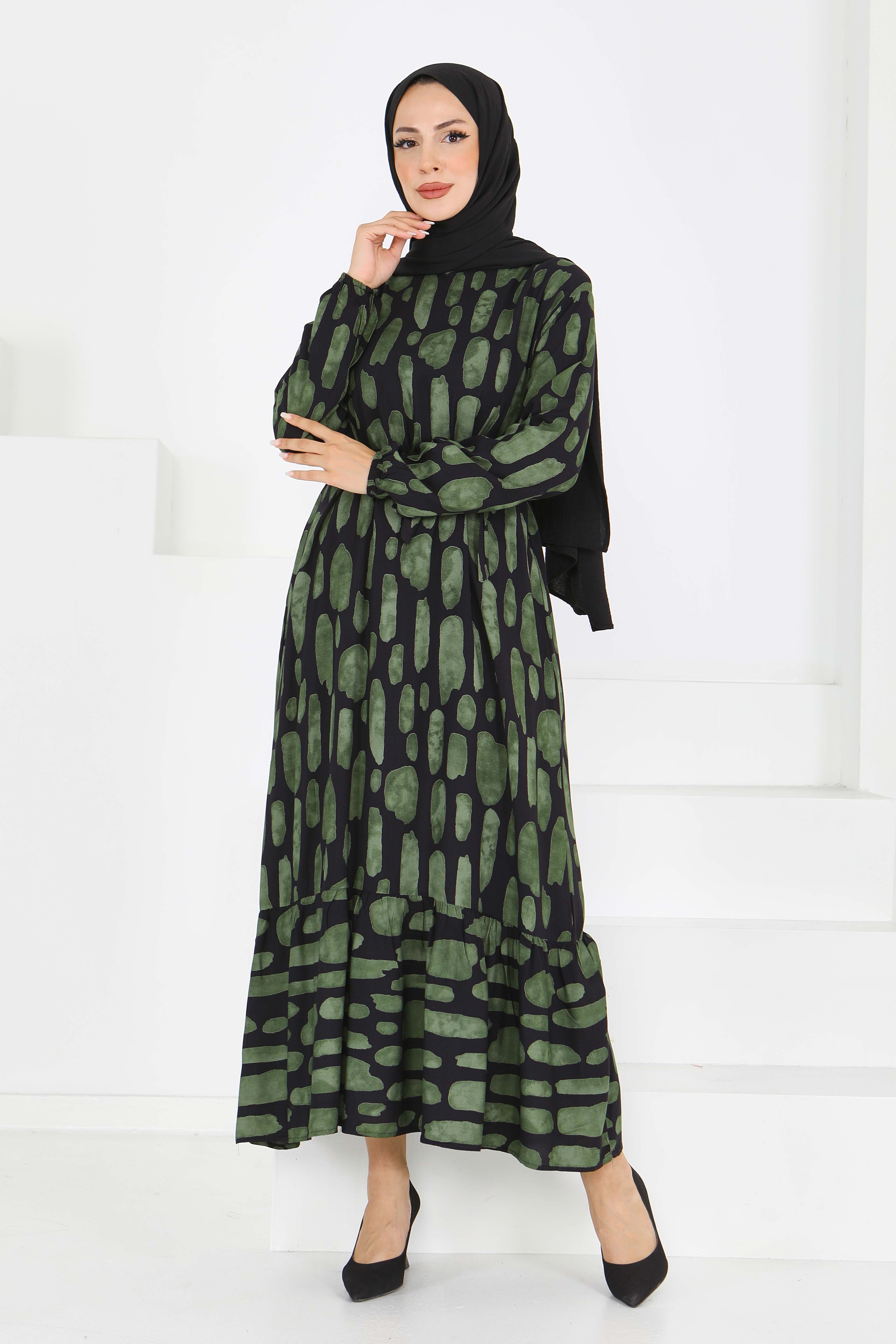 Desenli Kuşaklı Elbise - 27519 - 4