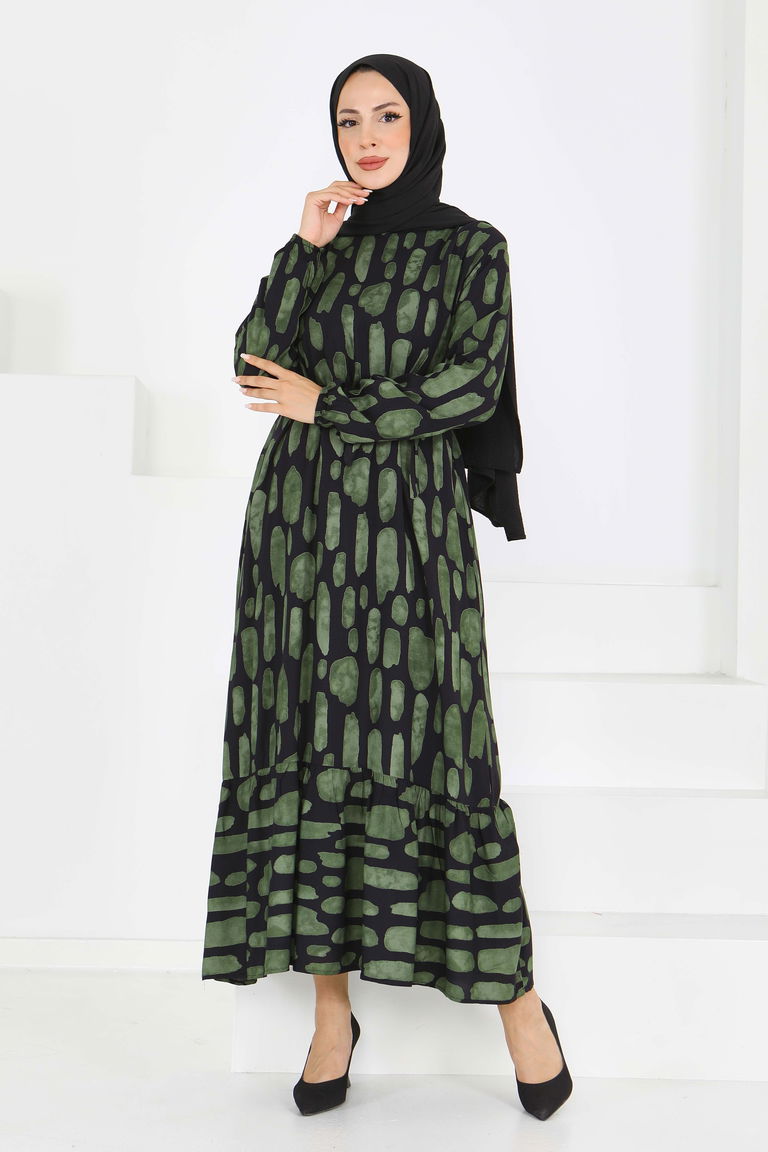 Desenli Kuşaklı Elbise - 27519 - TOFİSA