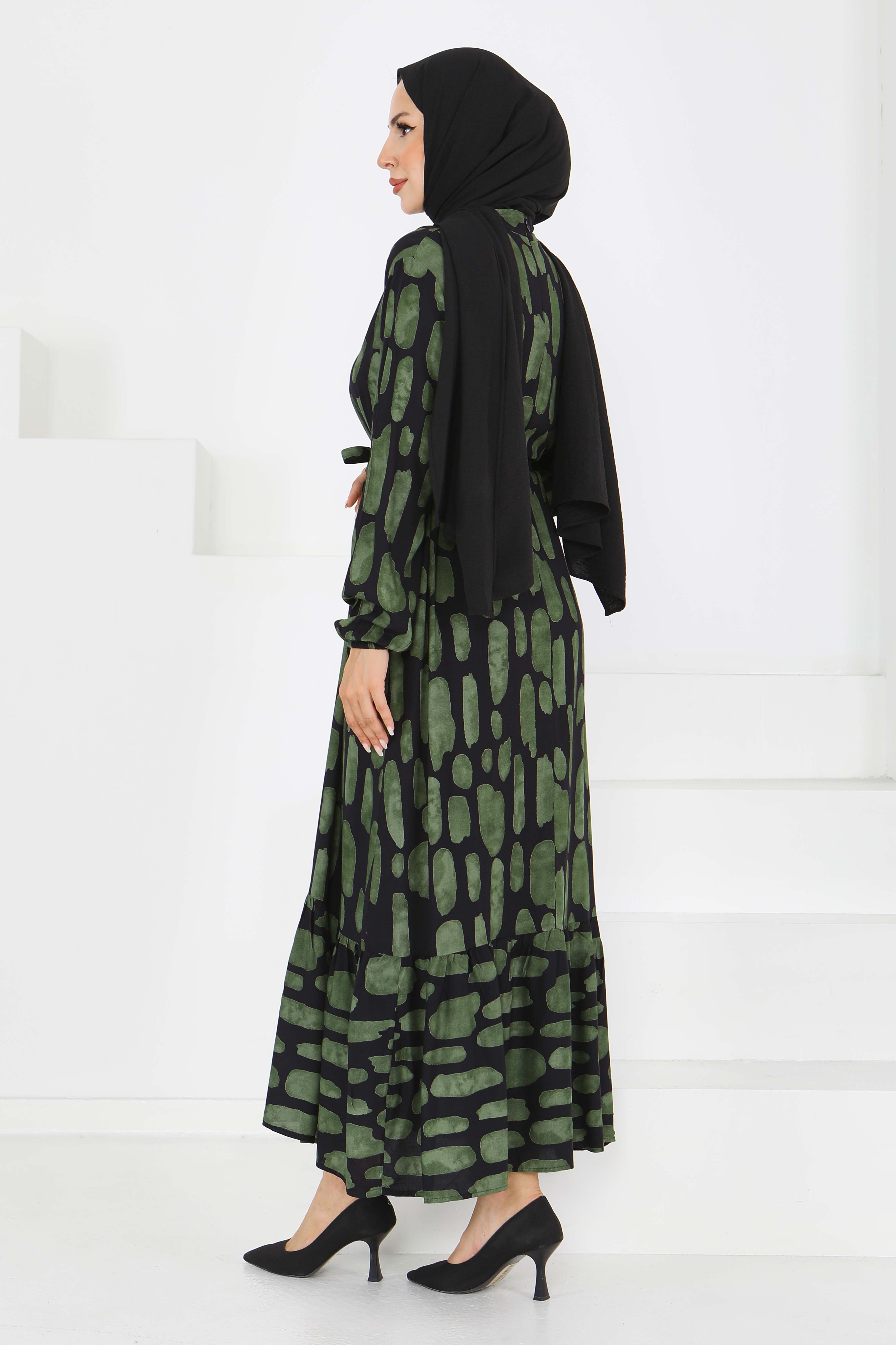 Desenli Kuşaklı Elbise - 27519 - 5