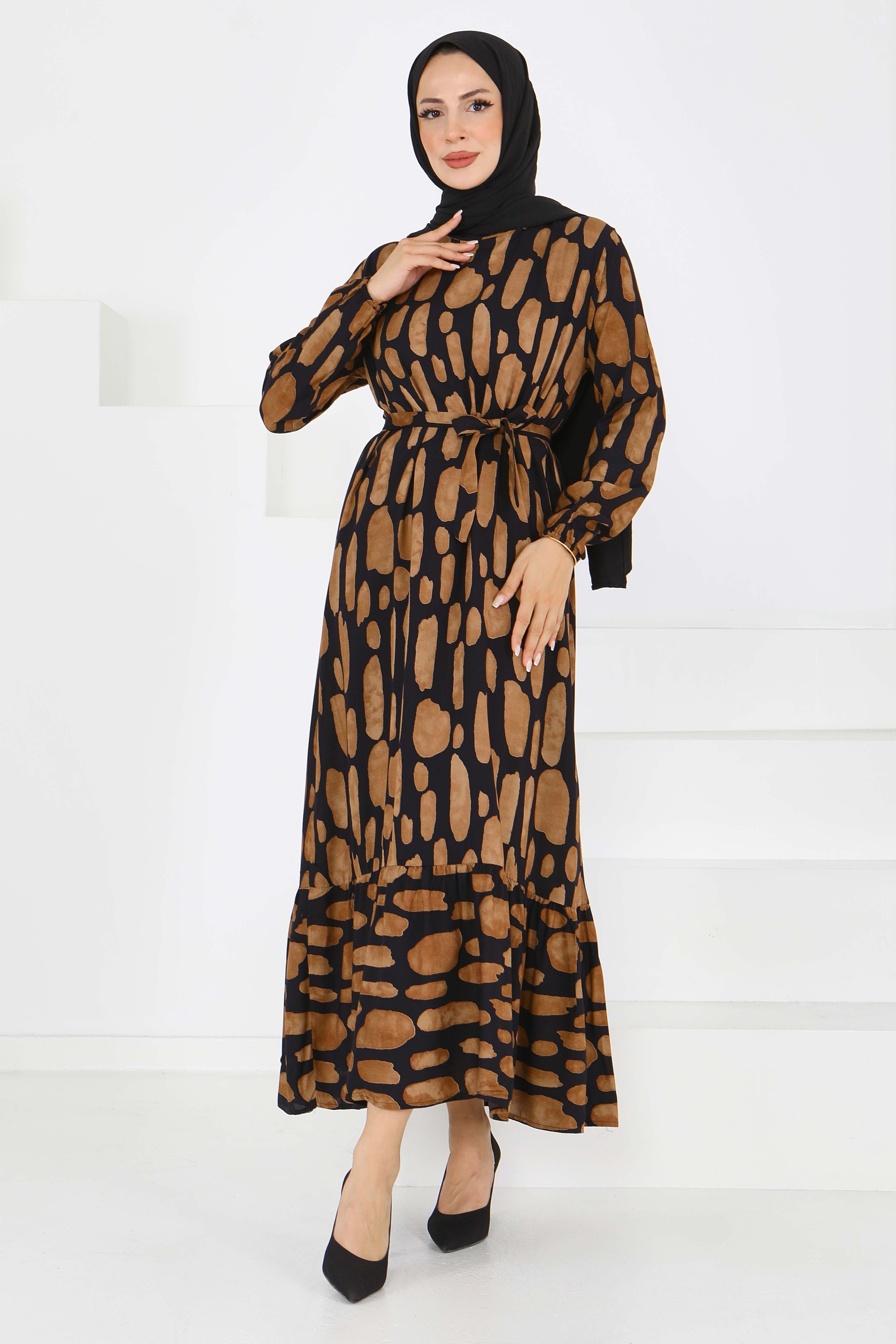 Desenli Kuşaklı Elbise - 27519 - 1