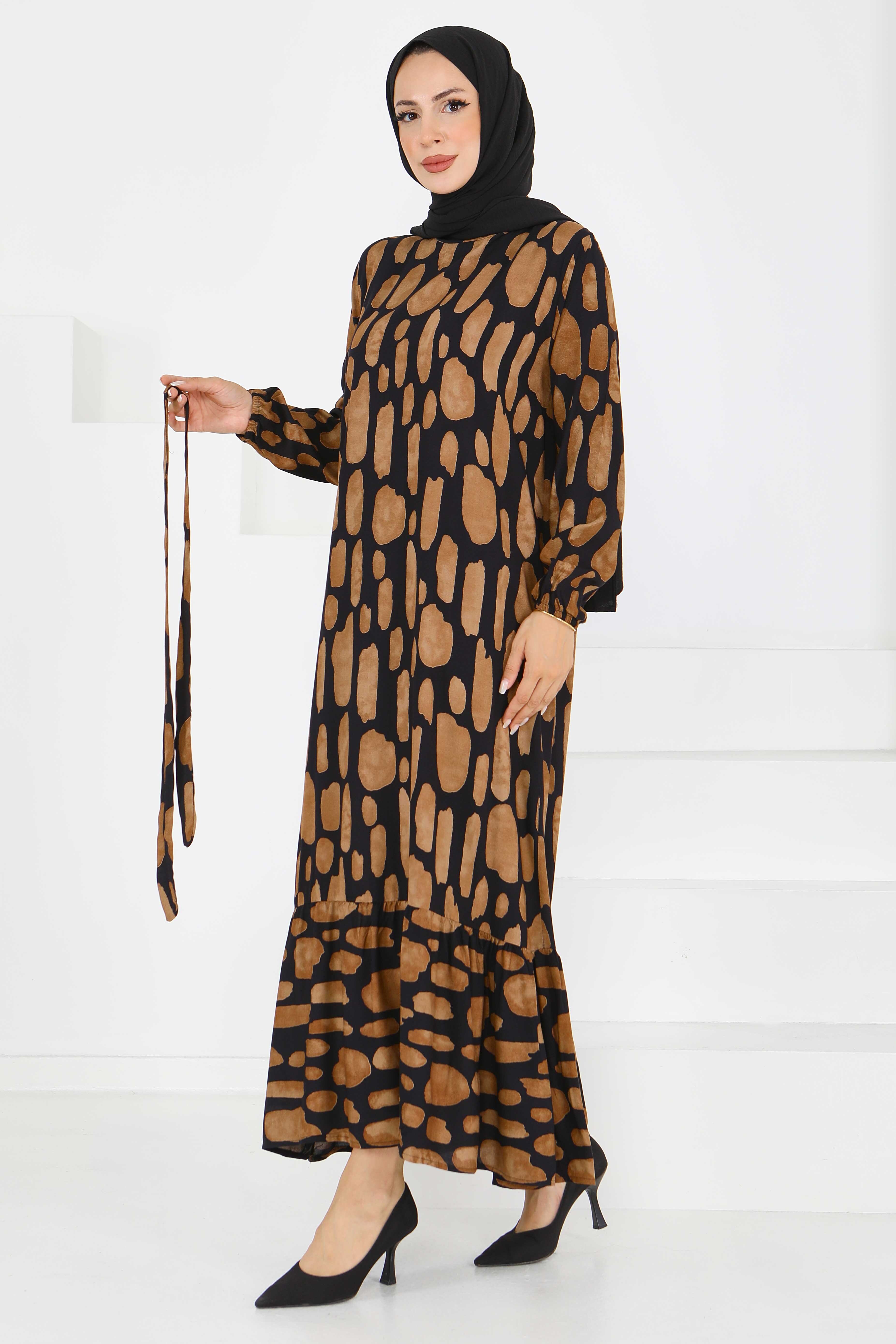 Desenli Kuşaklı Elbise - 27519 - 2