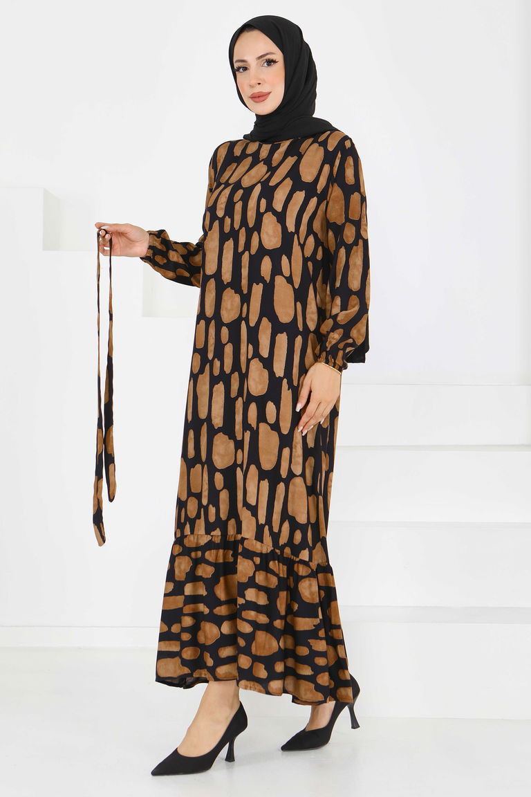 Desenli Kuşaklı Elbise - 27519 - TOFİSA