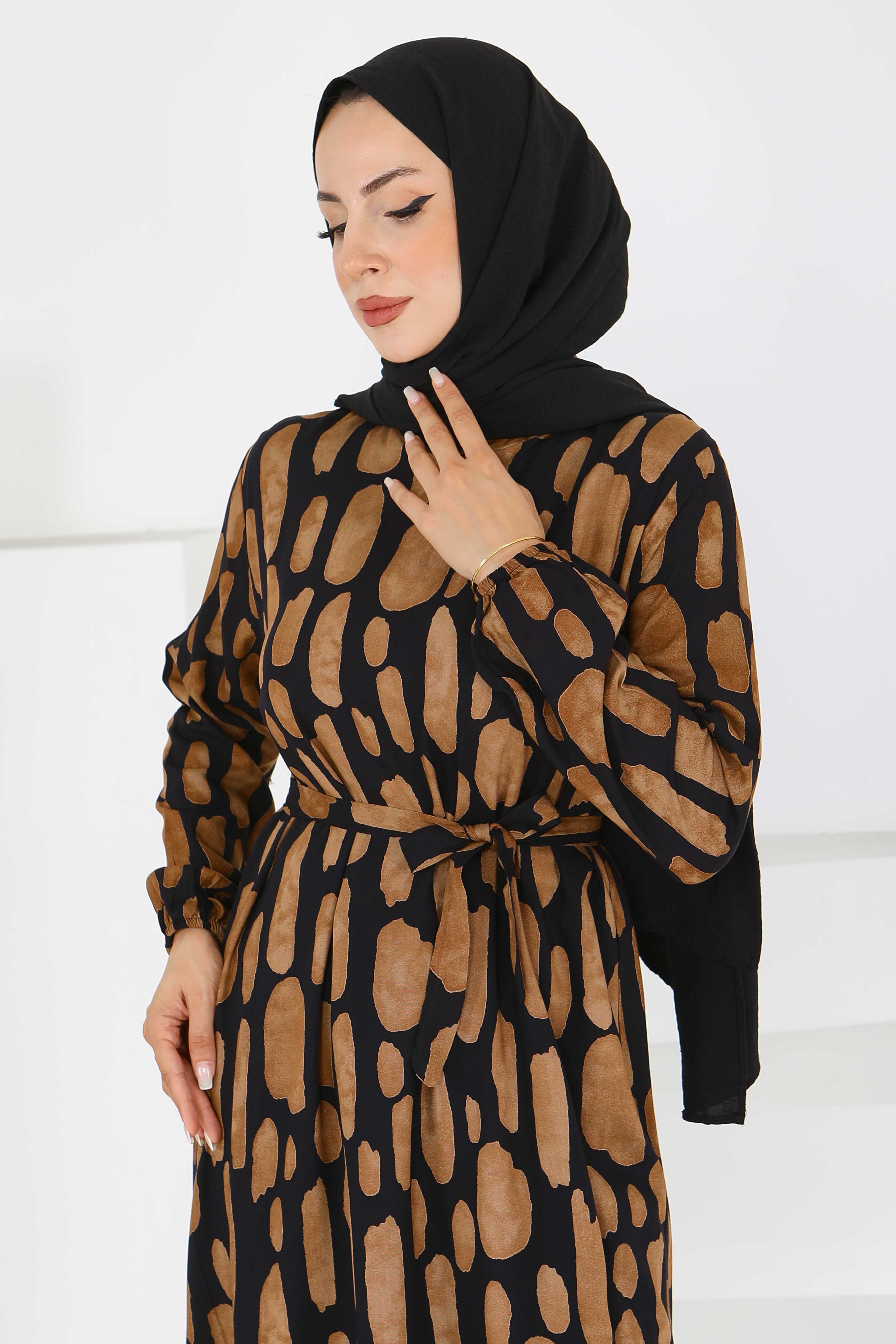 Desenli Kuşaklı Elbise - 27519 - 3