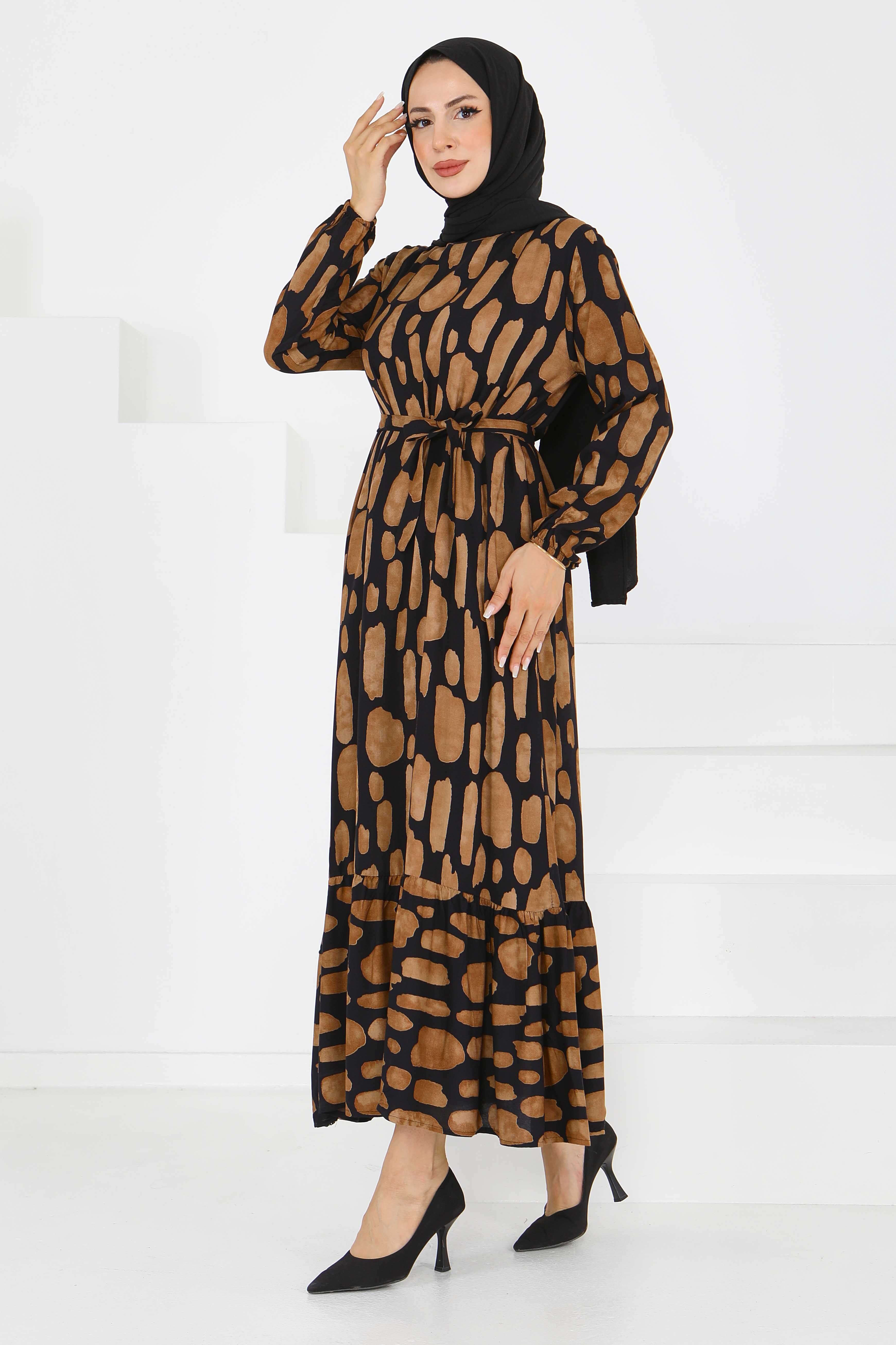 Desenli Kuşaklı Elbise - 27519 - 4