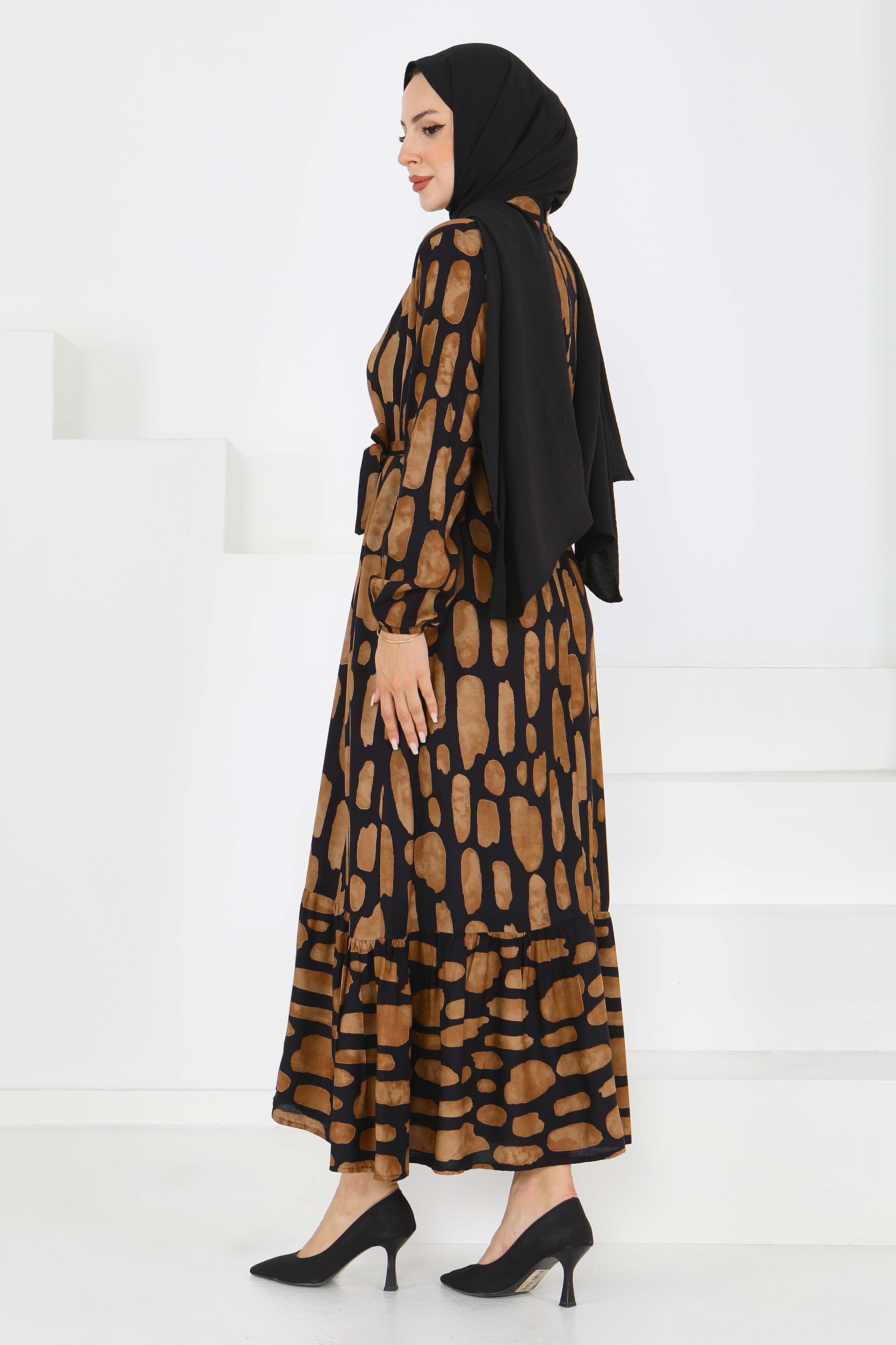 Desenli Kuşaklı Elbise - 27519 - 5