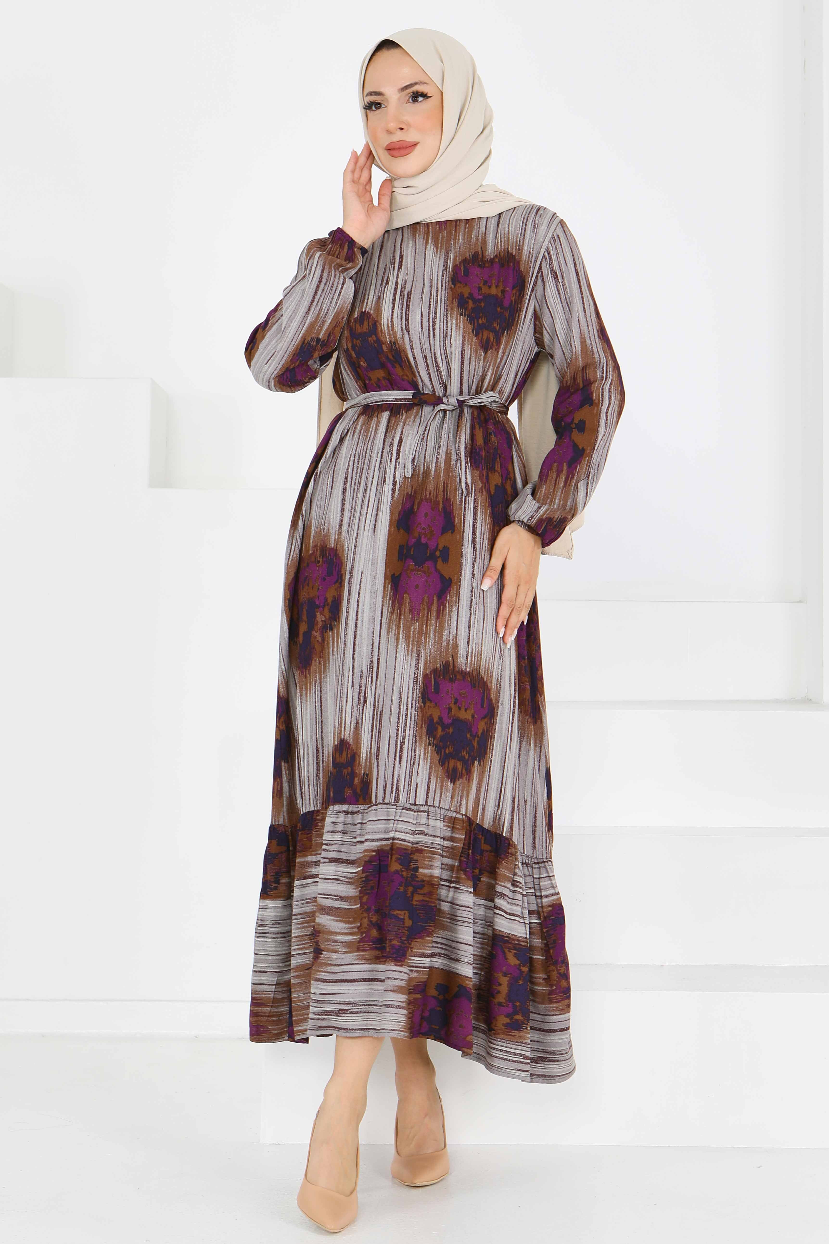 Desenli Kuşaklı Elbise - 27558 - 1