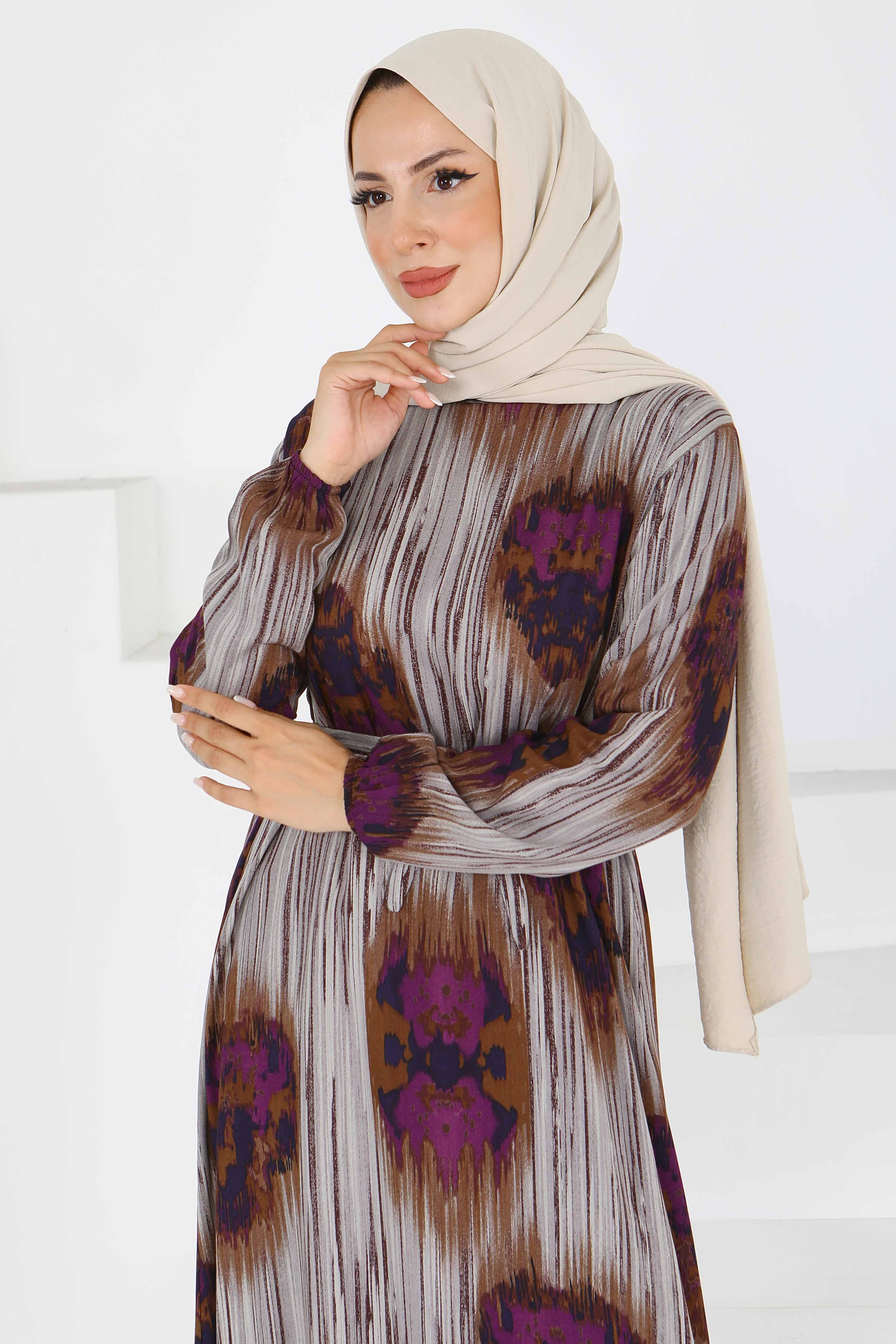 Desenli Kuşaklı Elbise - 27558 - 2