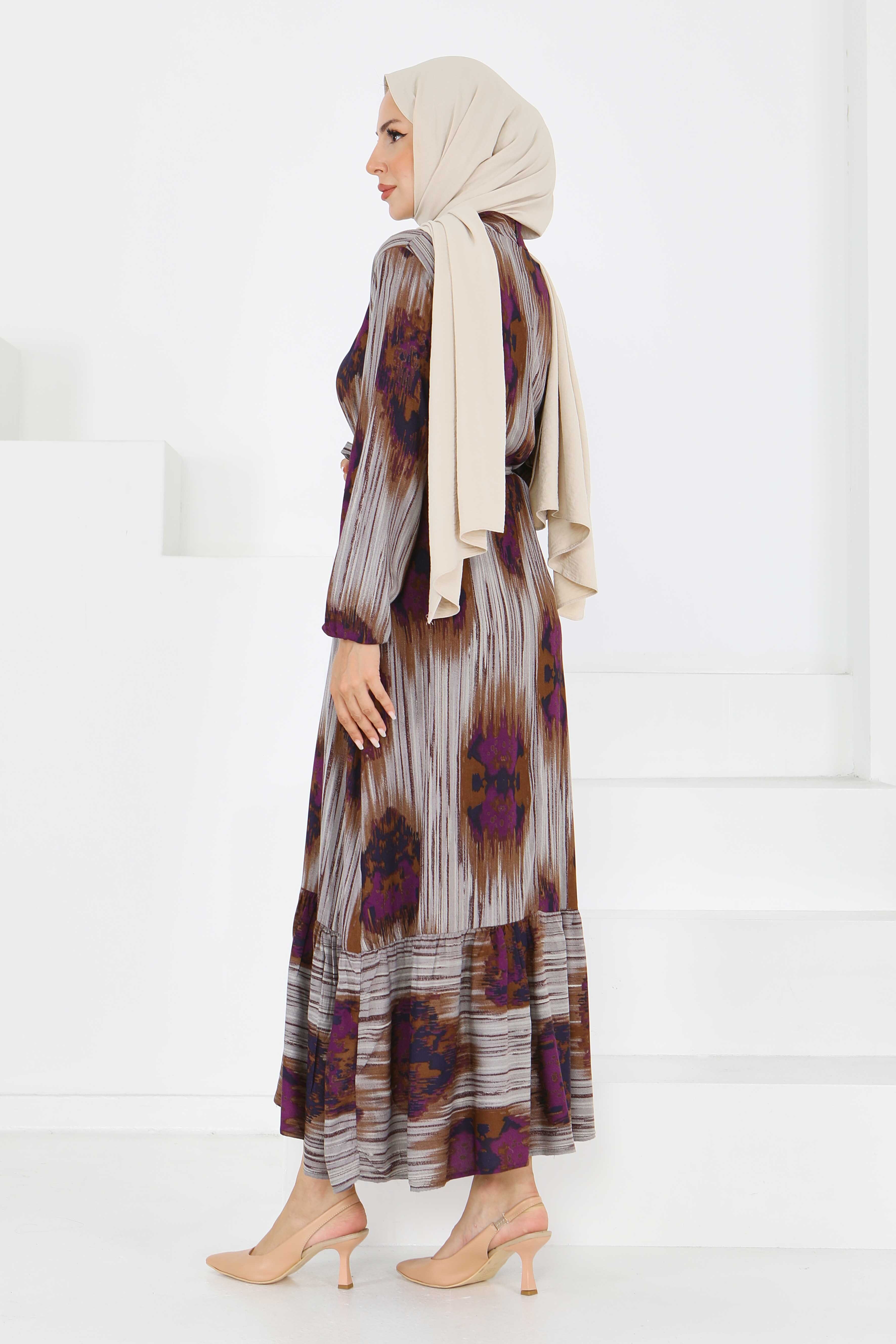 Desenli Kuşaklı Elbise - 27558 - 4