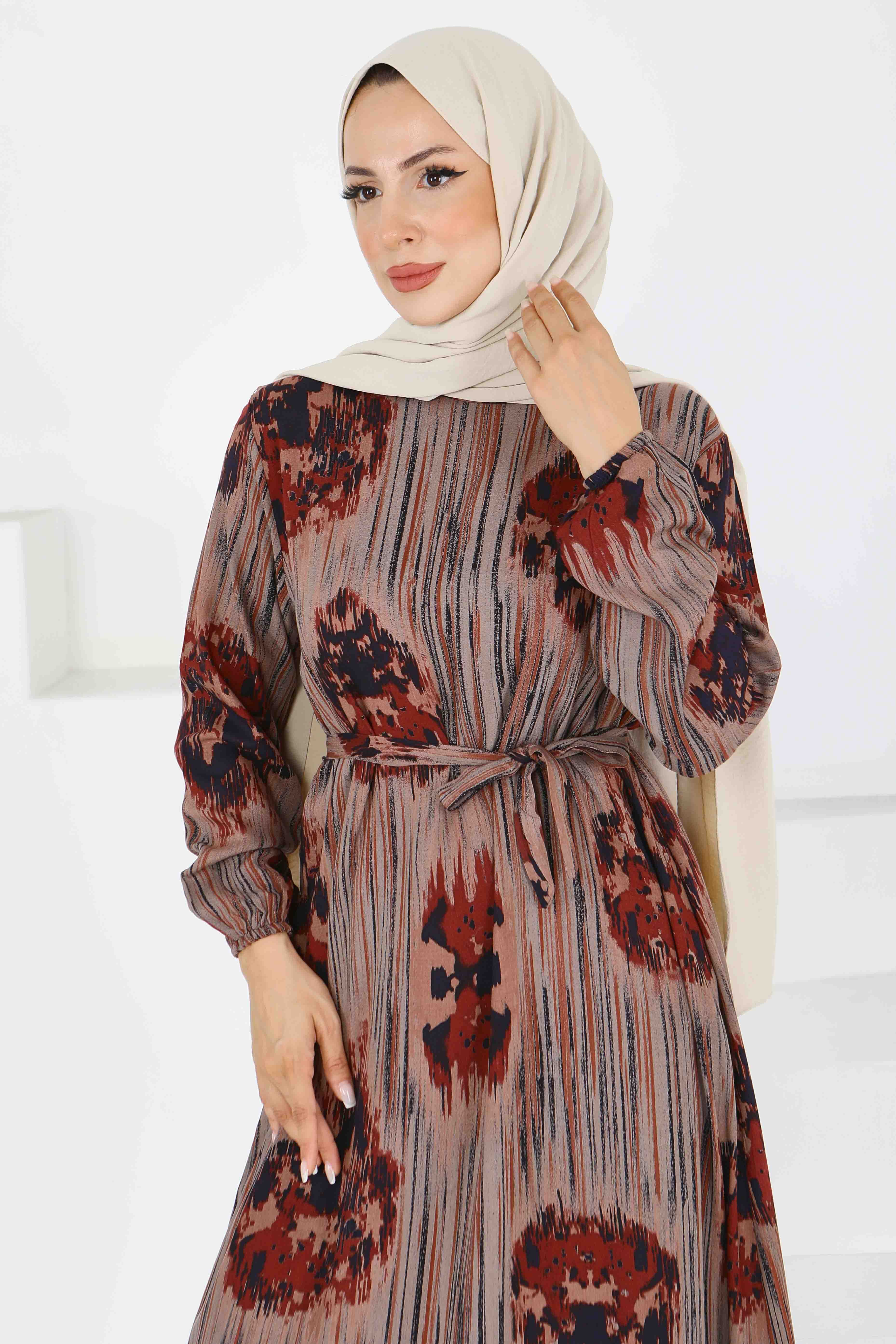 Desenli Kuşaklı Elbise - 27558 - 1