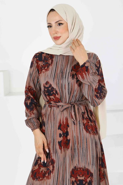Desenli Kuşaklı Elbise - 27558 