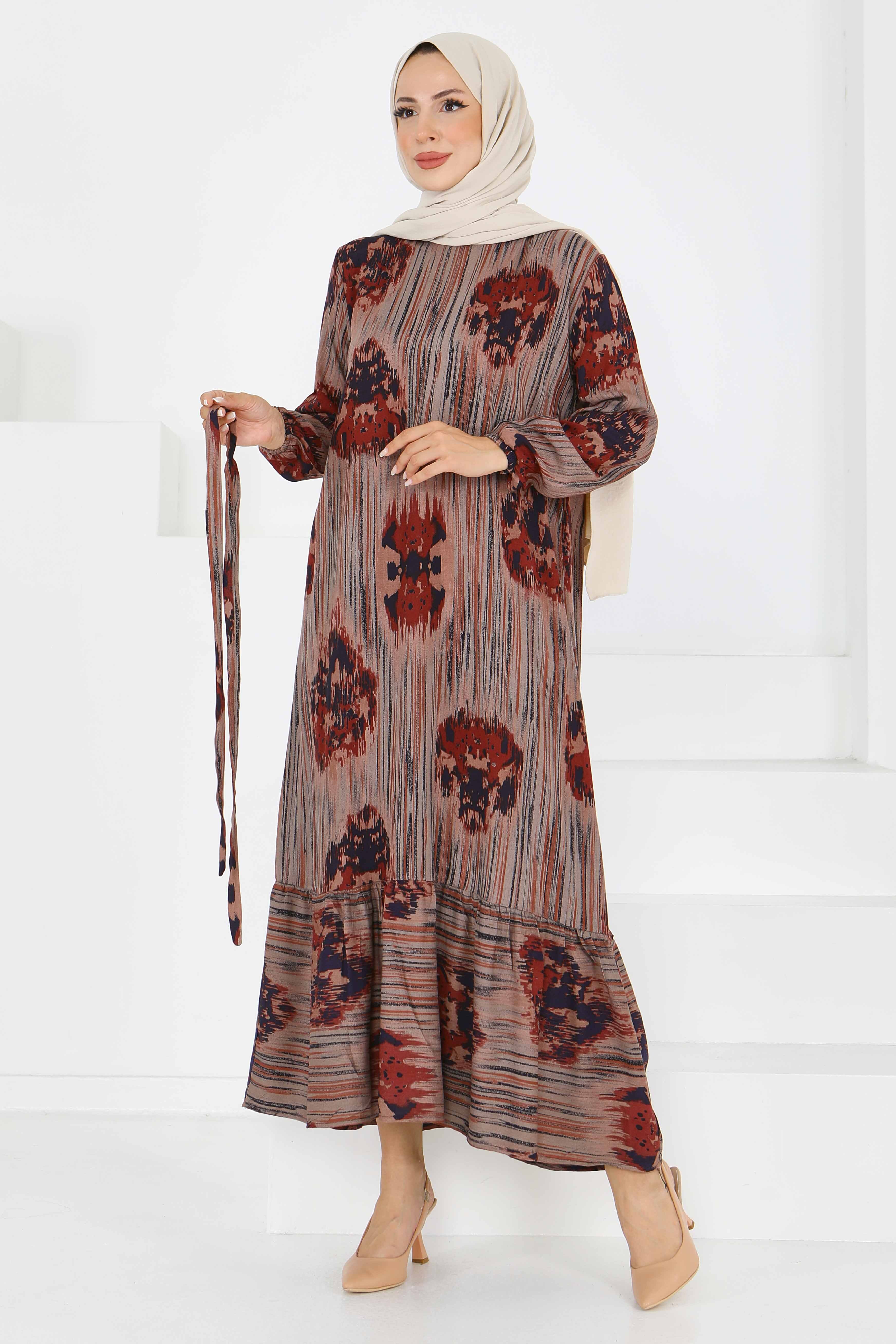 Desenli Kuşaklı Elbise - 27558 - 2