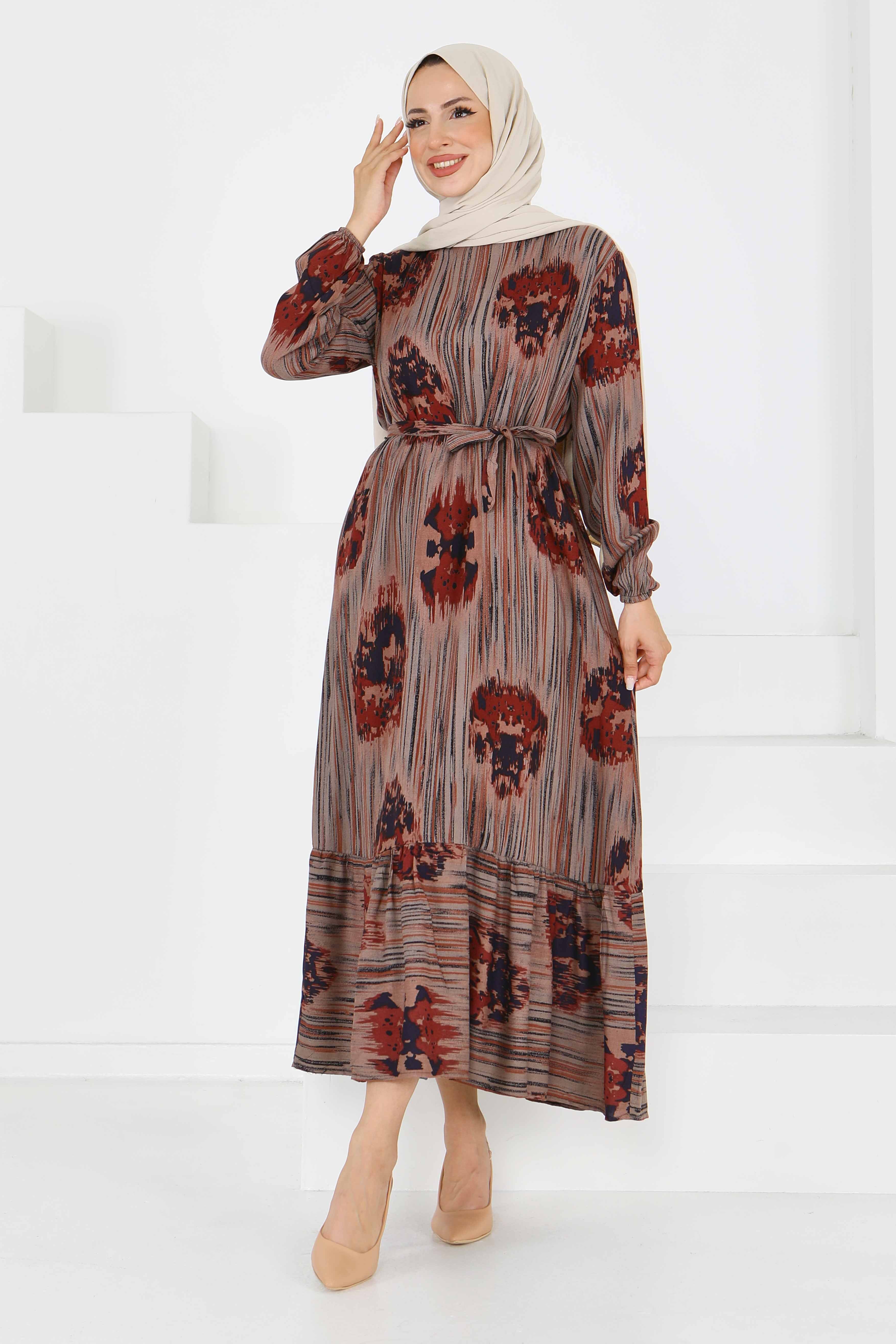 Desenli Kuşaklı Elbise - 27558 - 3