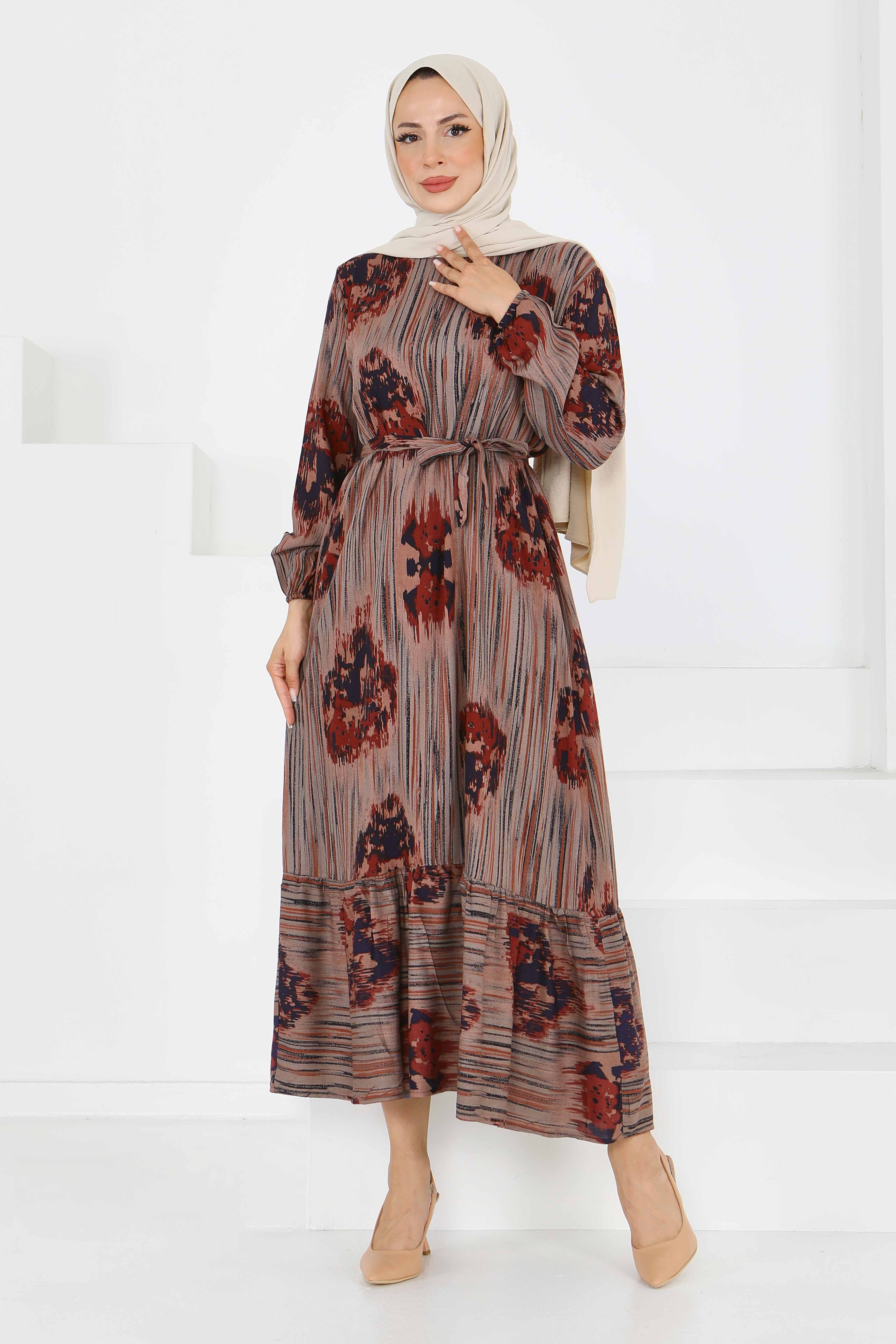 Desenli Kuşaklı Elbise - 27558 - 4