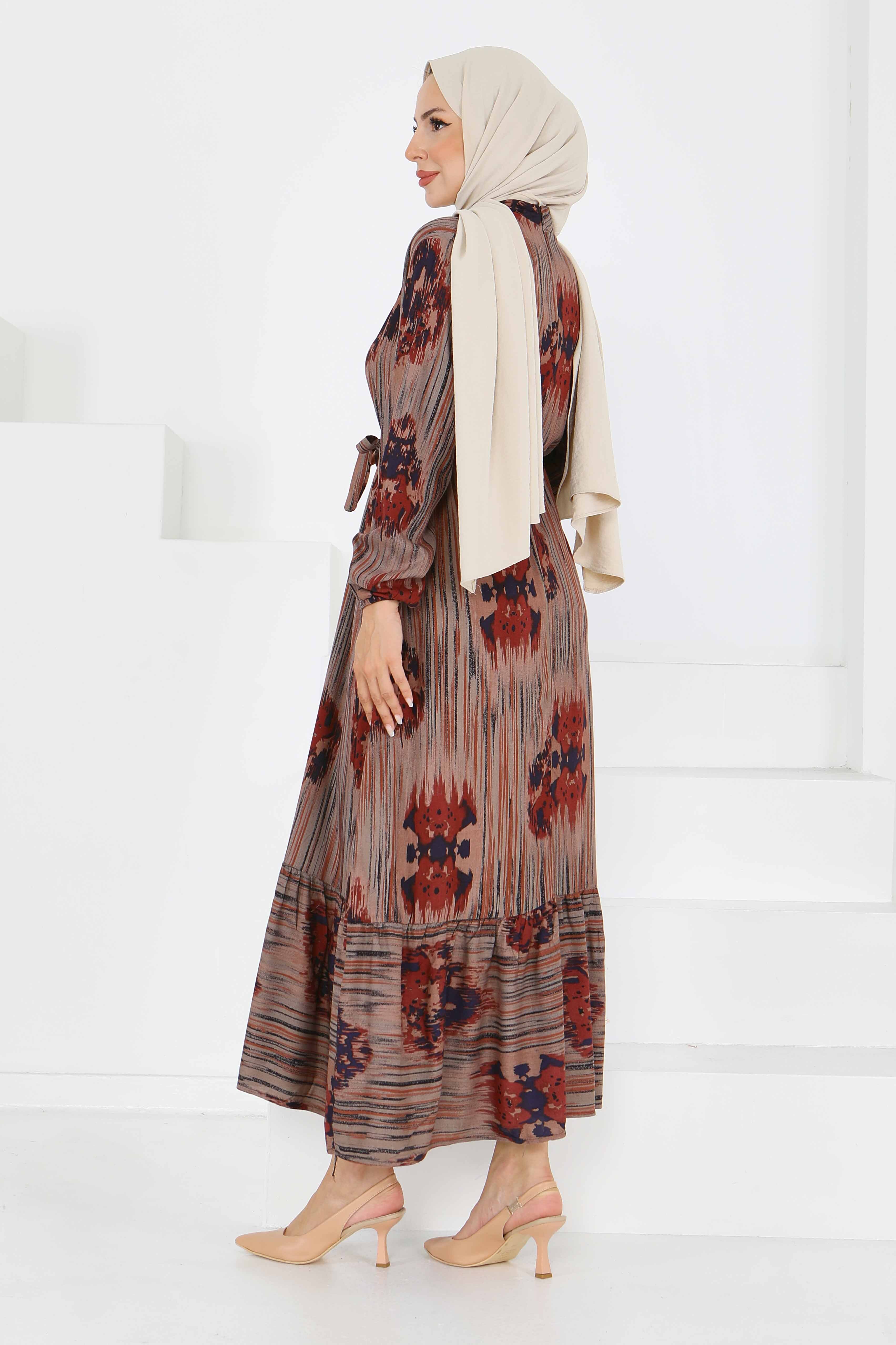 Desenli Kuşaklı Elbise - 27558 - 5